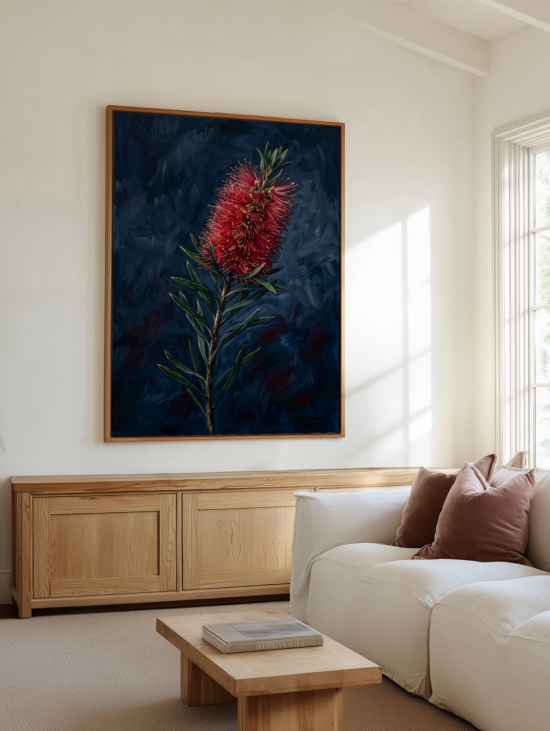 Bottlebrush On Navy Botanicals Study | Framed Canvas Art Print
