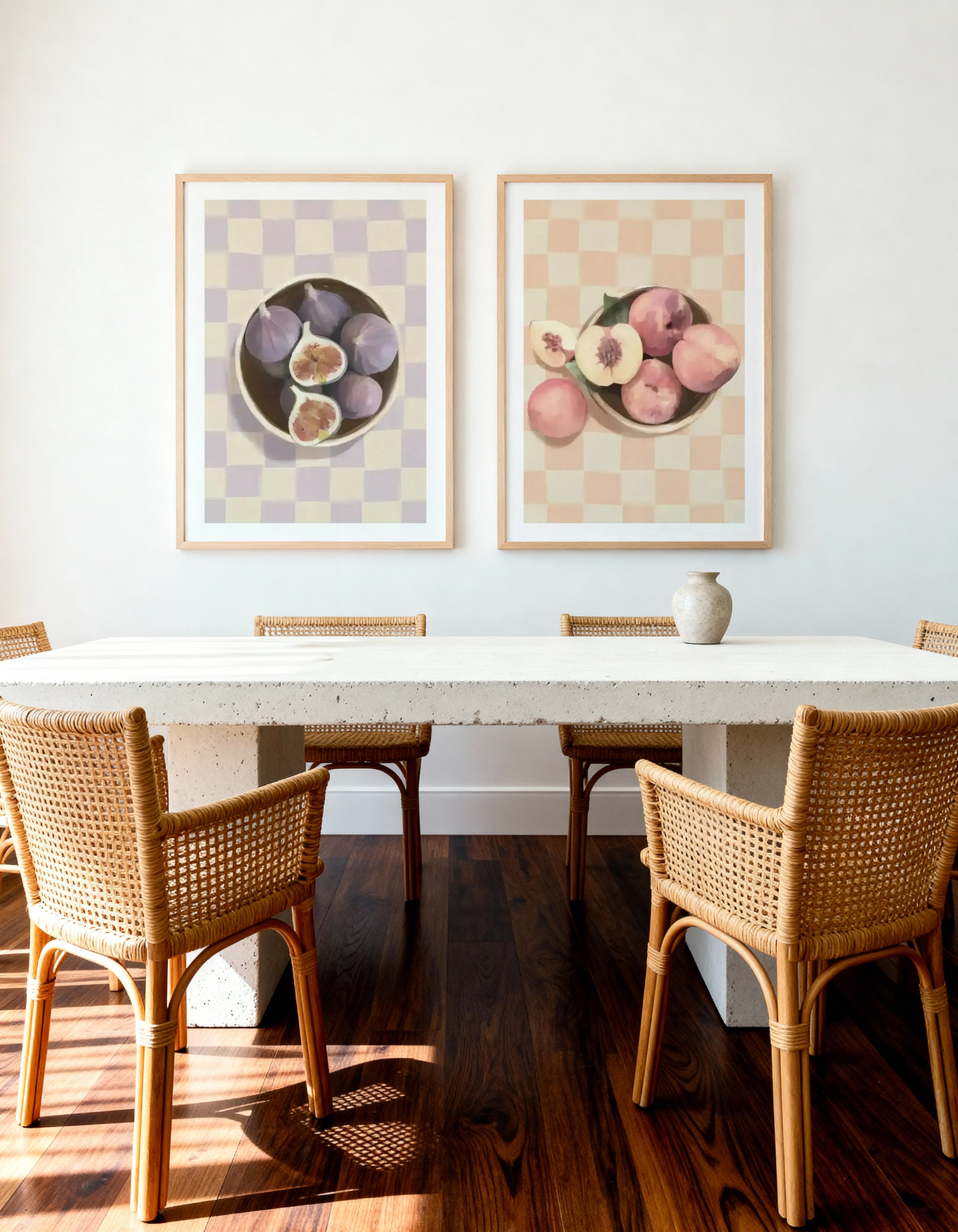 Bowl of Figs & Simply Peach on Check Art Print Set of 2 | Matching Wall Art