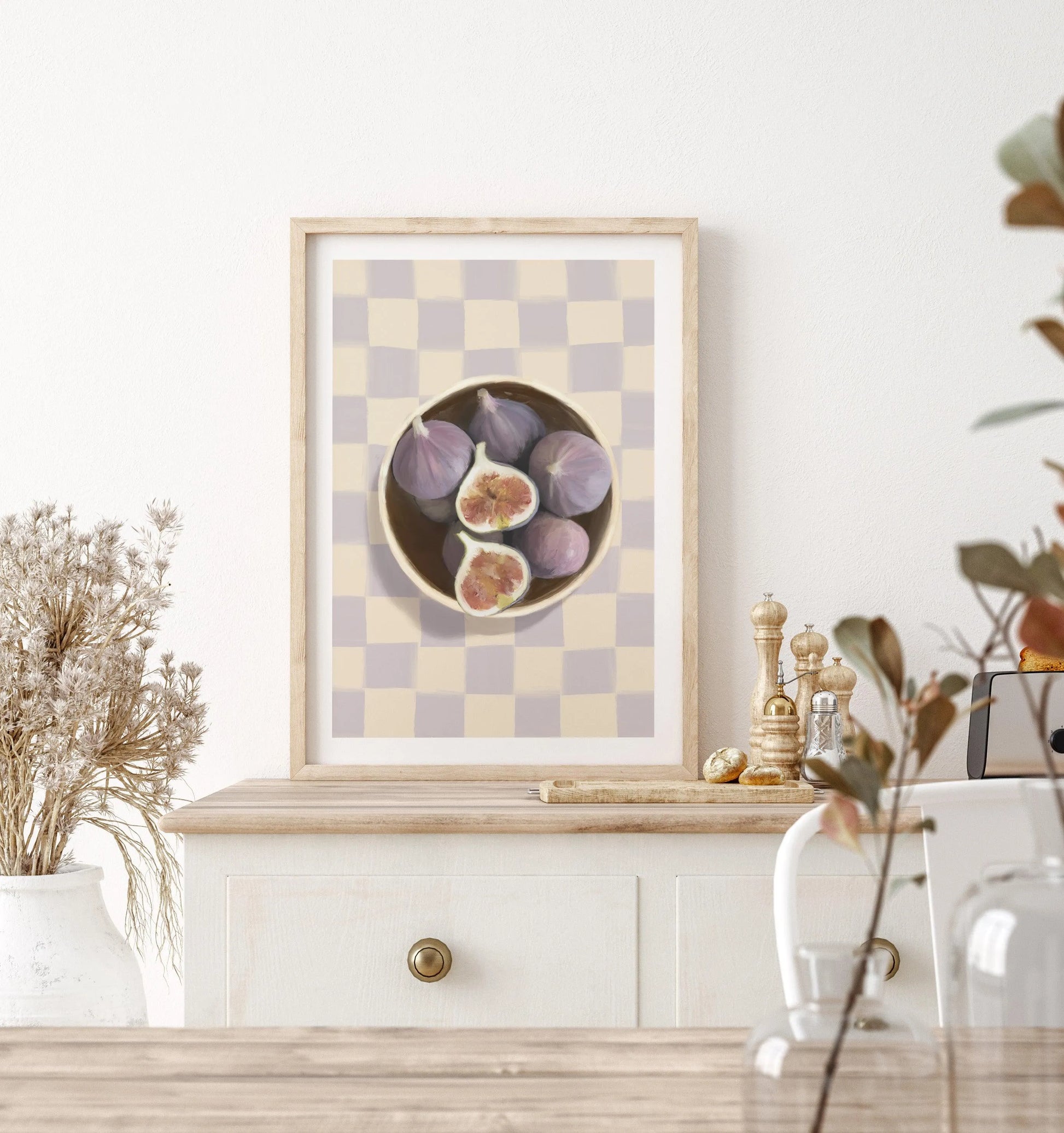 Bowl of Figs on Check | Art Print from Olive et Oriel where you can shop wallpaper and artworks online