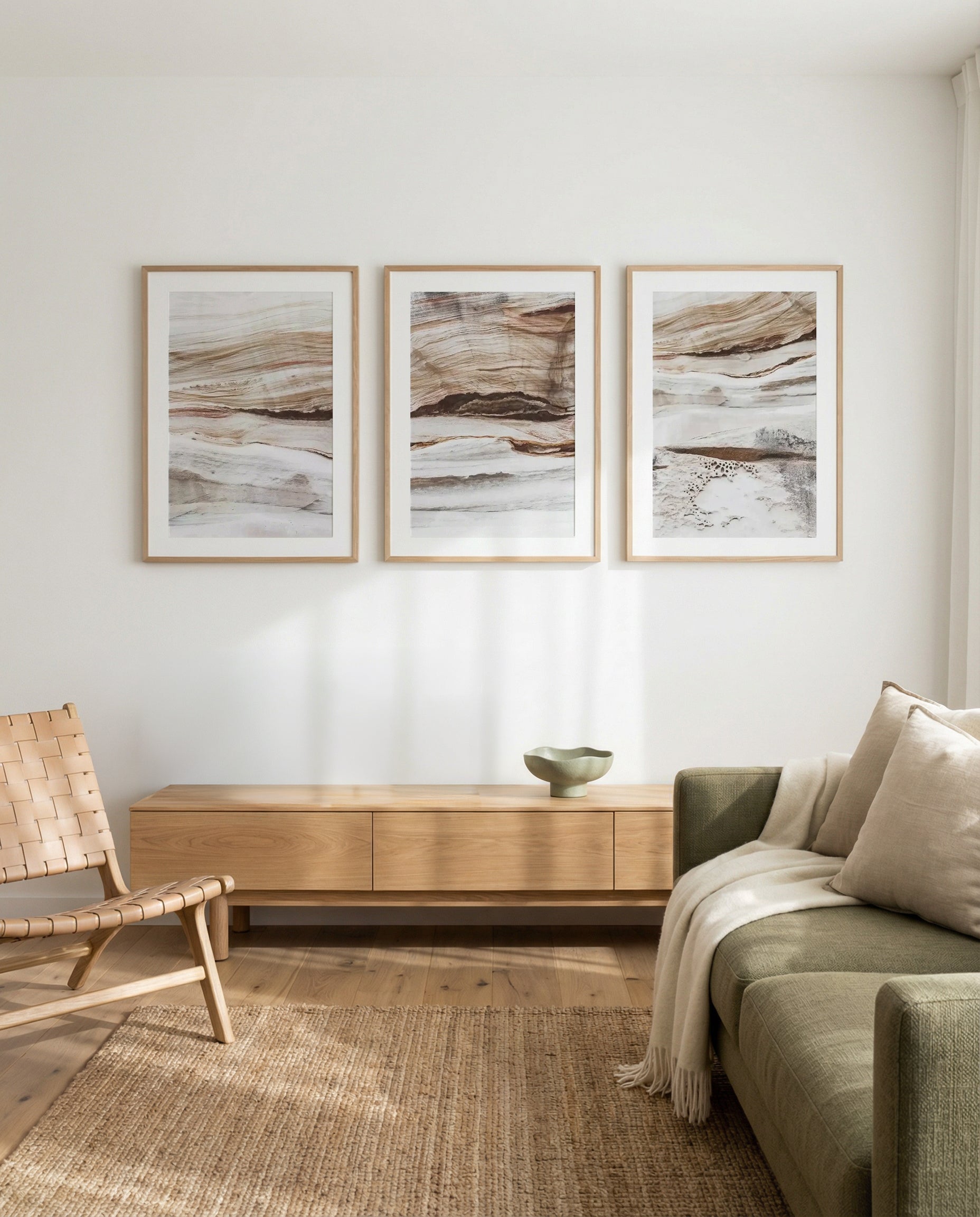 Bronte Rocks I, II & III | 3 Piece Wall Art Set in Brown art print oak frame with white border