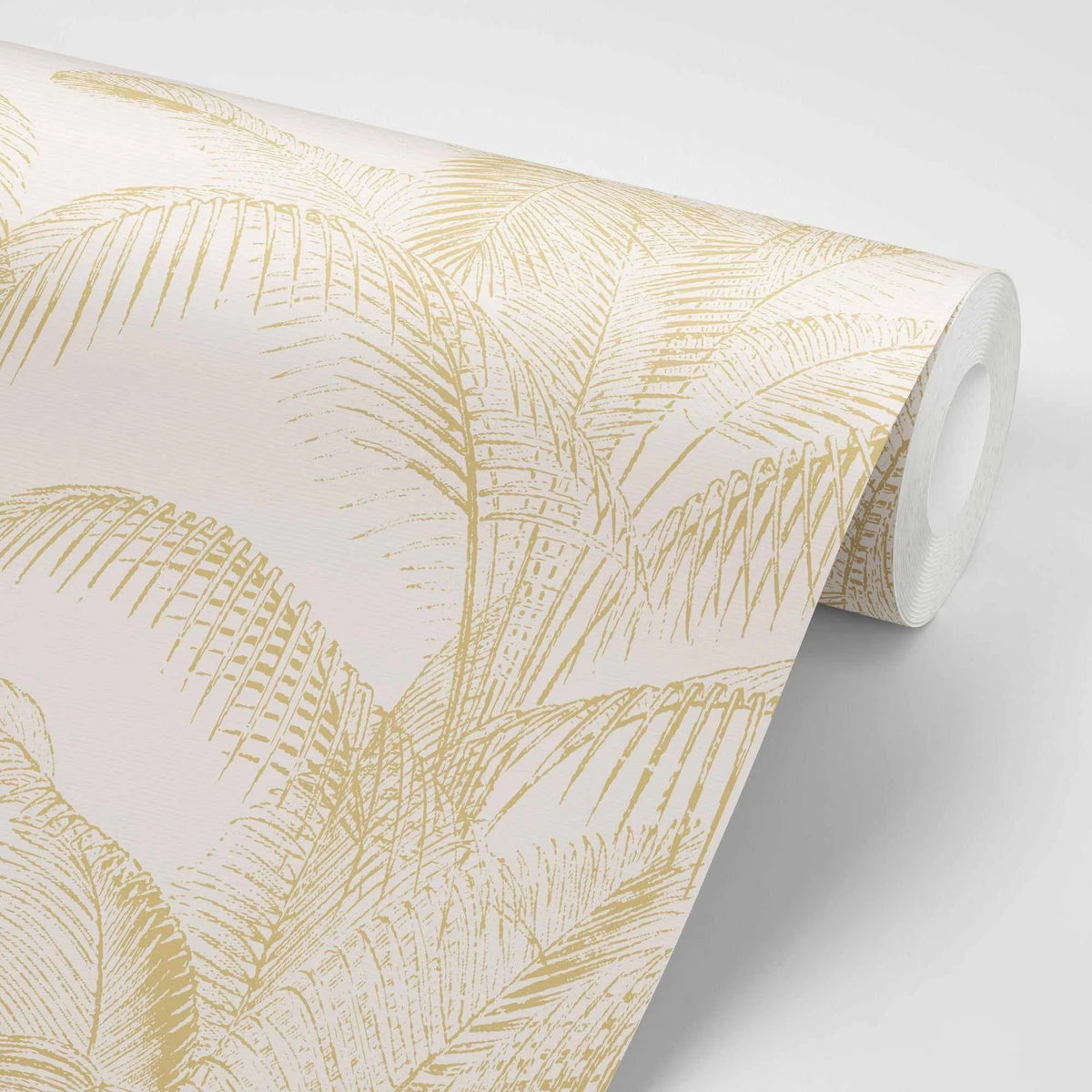 Rolled wallpaper sample displaying a botanical palm leaf pattern in gold line-work on a cream background. The design features large, detailed palm fronds with fine linear details creating an elegant, nature-inspired repeat pattern. The wallpaper is shown partially unrolled to reveal the texture and scale of the design against a neutral surface.
