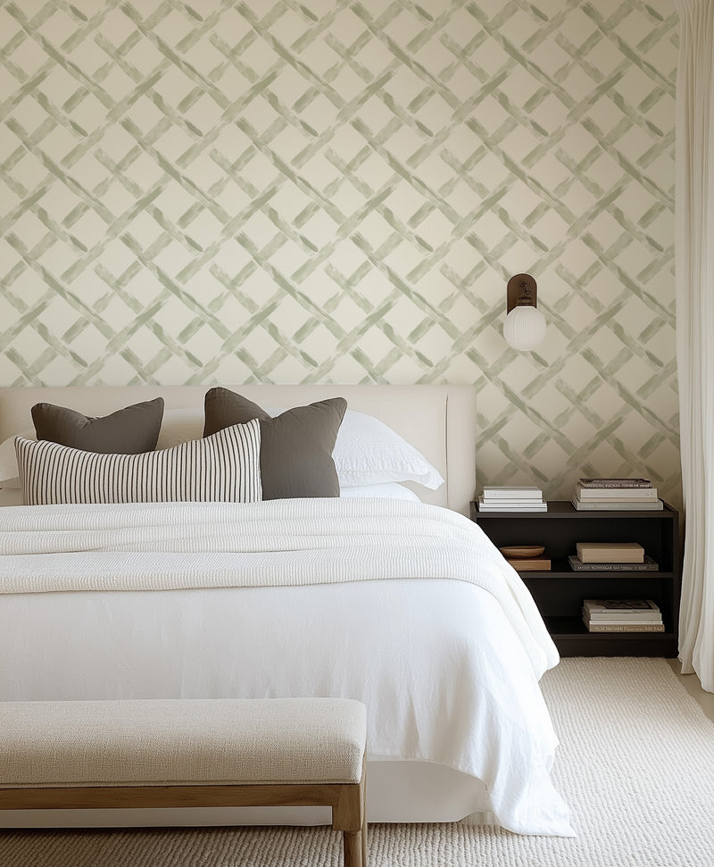 Brushed Lattice in Sage Green Wallpaper from Olive et Oriel where you can shop wallpaper and artworks online