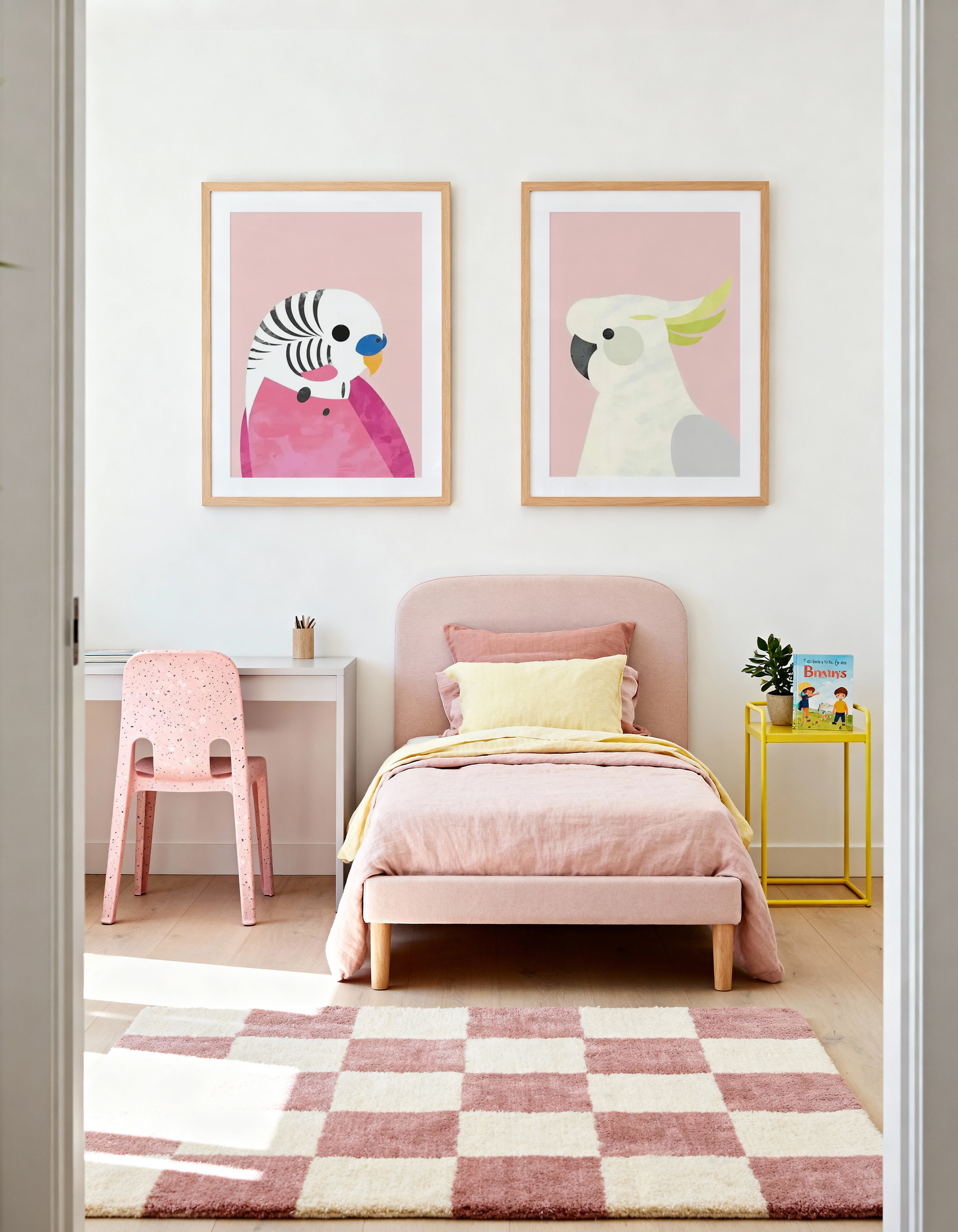 Budgie & Cockatoo on Pink by Dan Hobday Art Print Set of 2 | Matching Wall Art