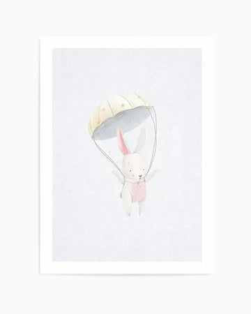 Watercolour art print featuring a cute white bunny with pink ears and a pink romper, holding onto a yellow parachute with white stars, against a soft white background.
