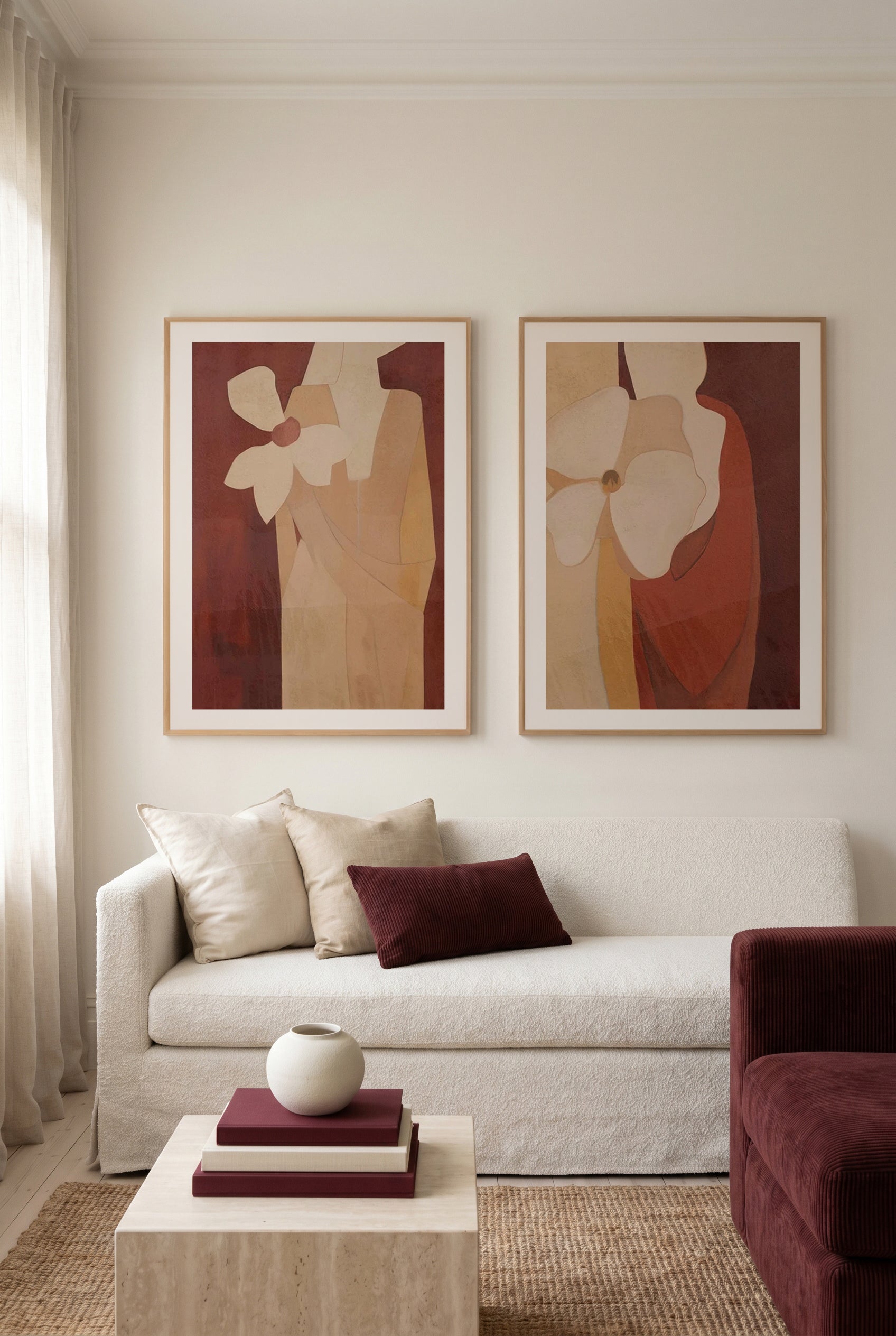 Burgandy Forms I & II Art Print Set of 2 | Matching Wall Art
