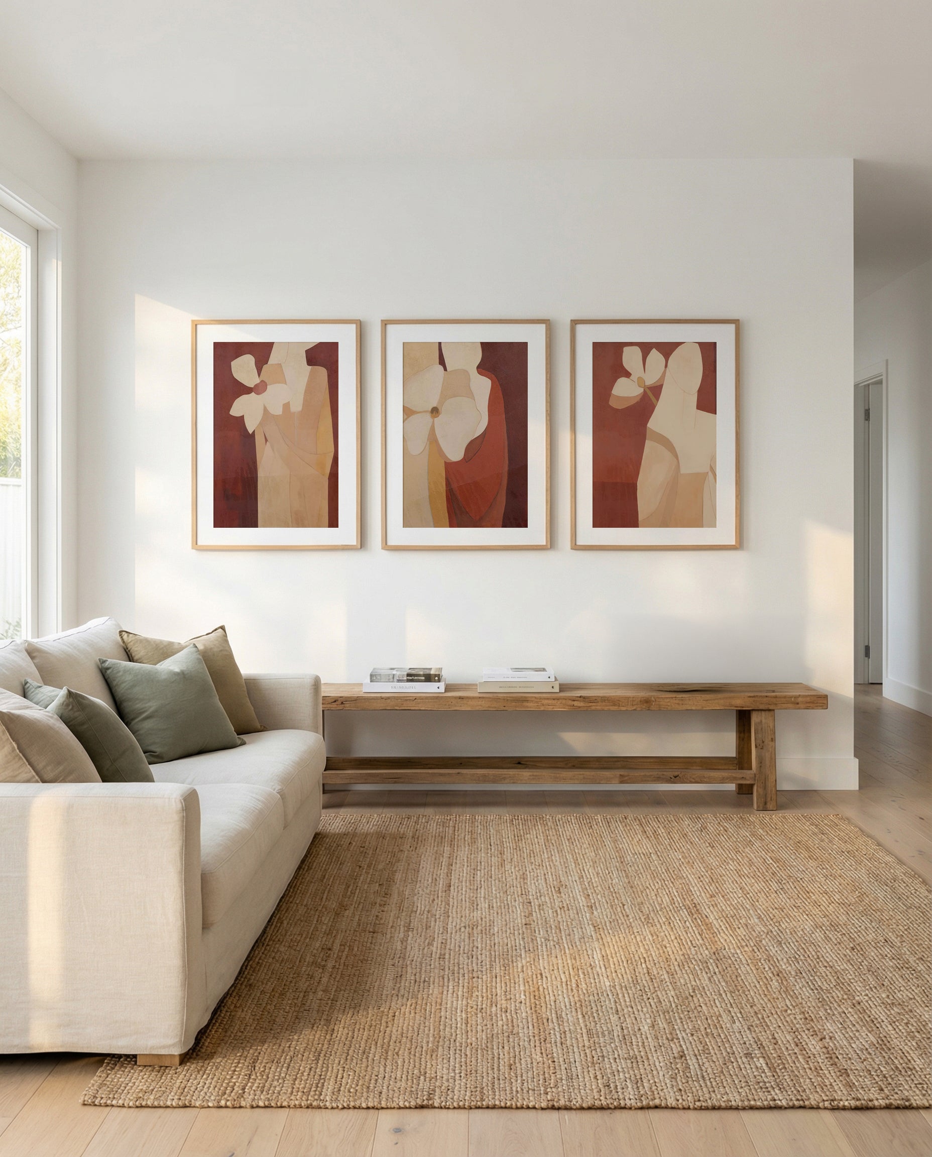 Burgundy Forms I, II & III | 3 Piece Wall Art Set in Burgundy abstract art print oak frame with white border