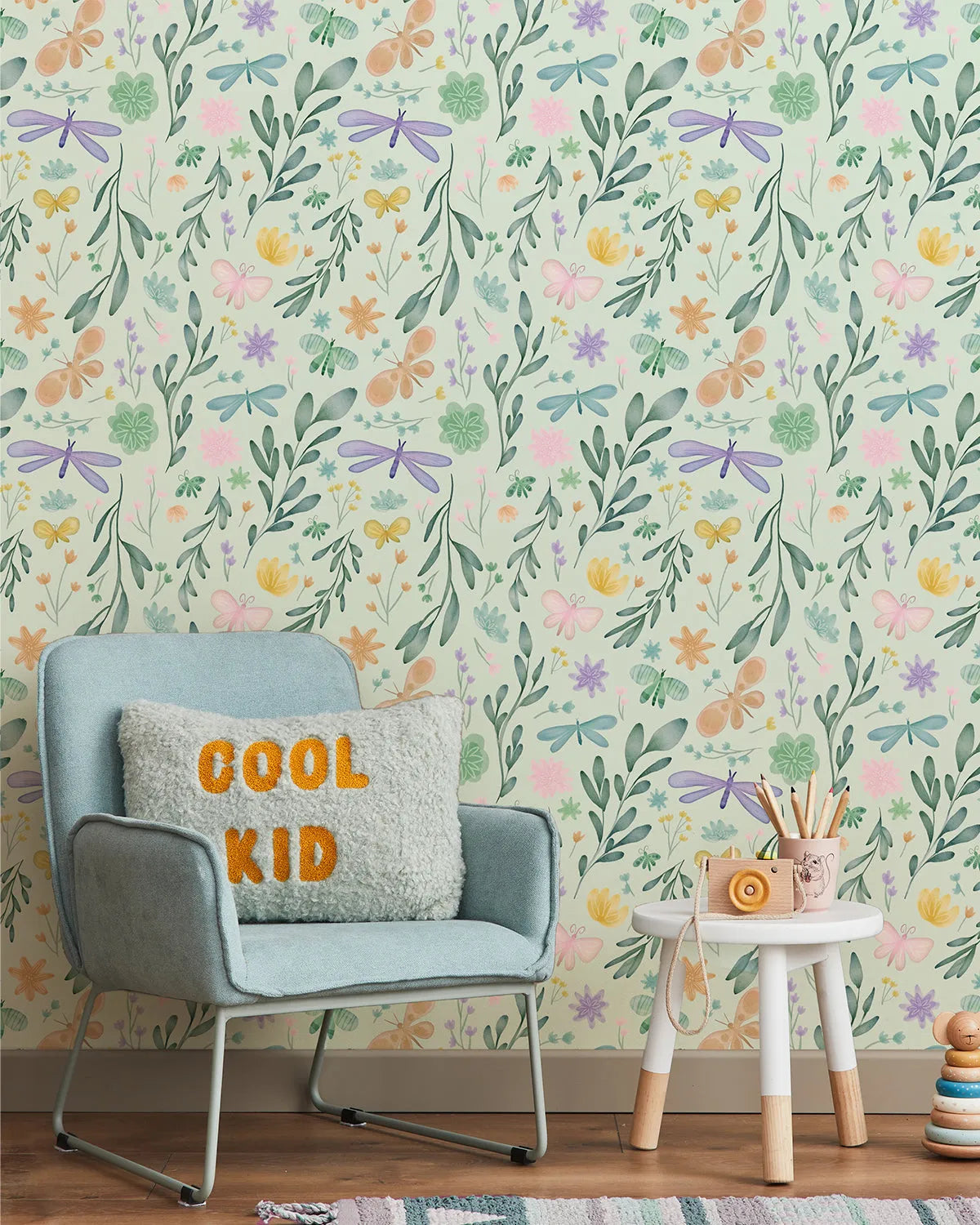Pretty Pastel Butterflies in Sage Wallpaper from Olive et Oriel where you can shop wallpaper and artworks online