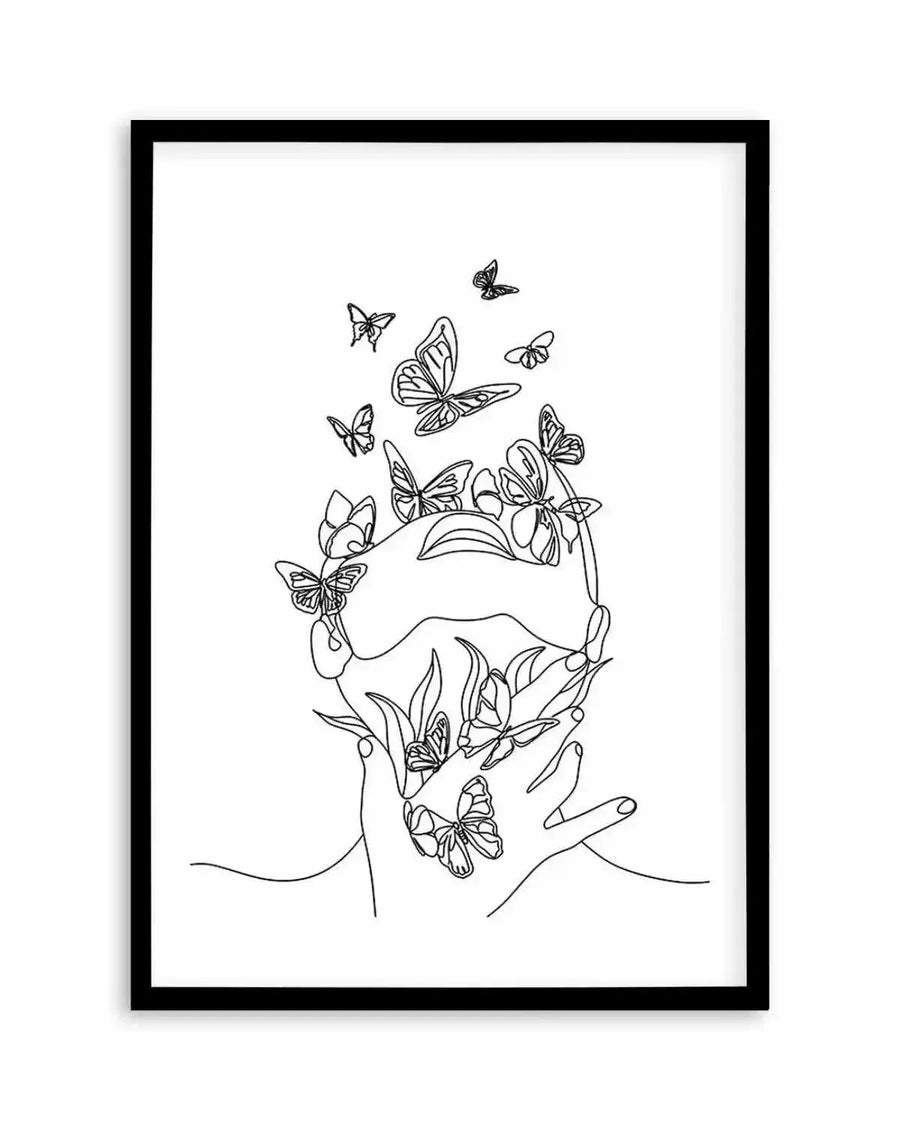 Line art print featuring a woman's face and hands rendered in a continuous single black line on a white background, with numerous butterflies emerging from and surrounding her head and hands, displayed in a black frame with white border.