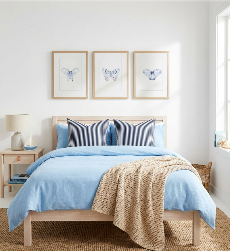 Butterfly I, II & III | 3 Piece Wall Art Set in Blue art print oak frame with white border