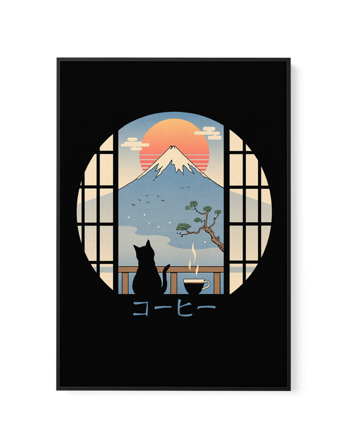 Coffee Cat In Mt. Fuji by Vincent Trinidad | Framed Canvas Art Print
