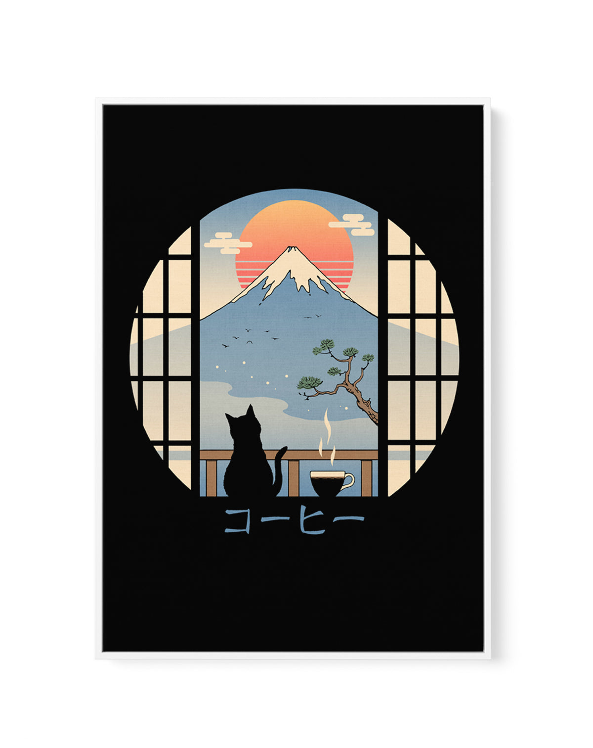 Coffee Cat In Mt. Fuji by Vincent Trinidad | Framed Canvas Art Print