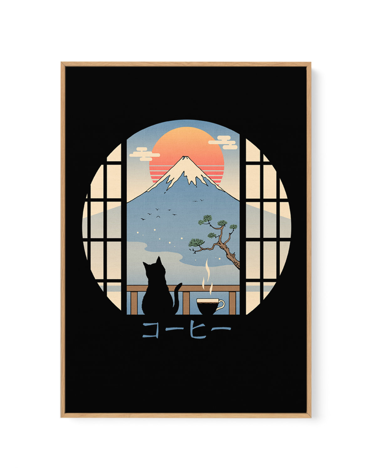 Coffee Cat In Mt. Fuji by Vincent Trinidad | Framed Canvas Art Print