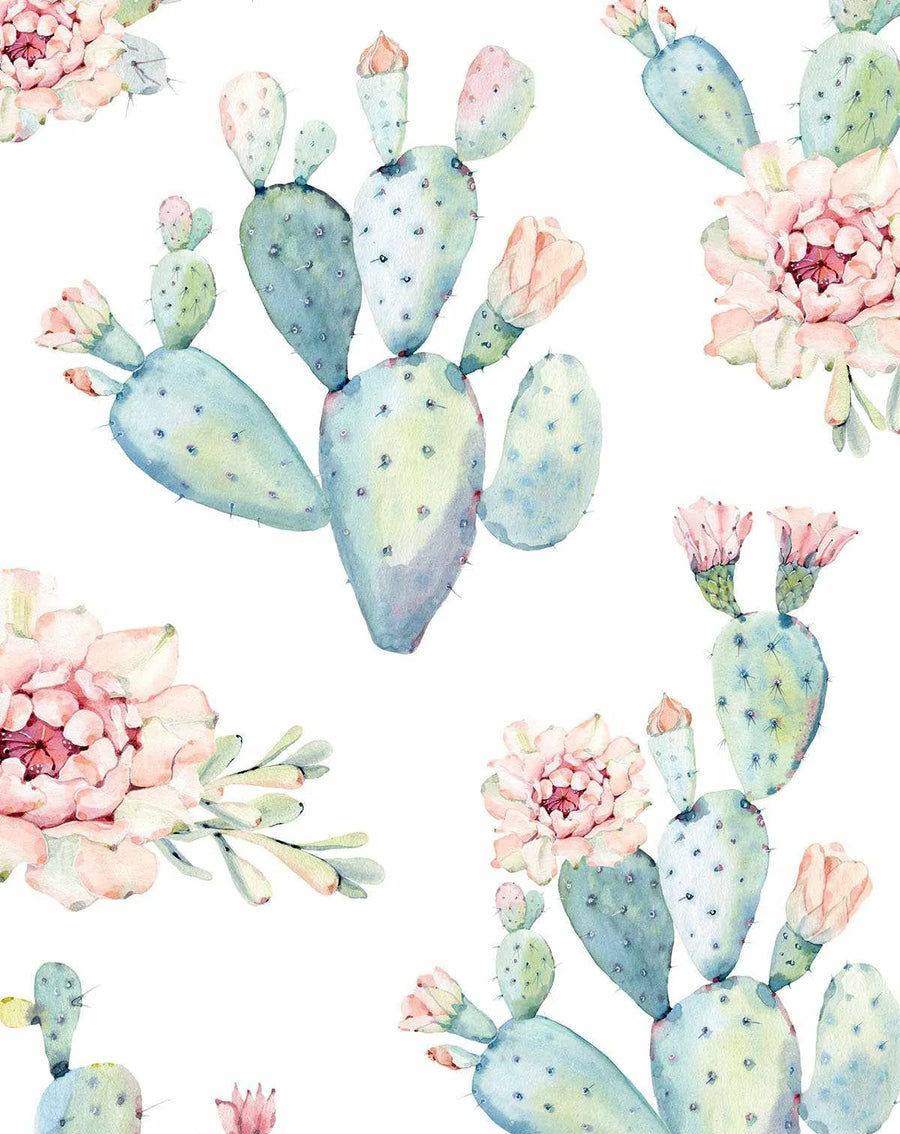 Peel and stick wallpaper featuring a repeating pattern of hand-painted prickly pear cacti in soft pastel shades of blue, green, and pink, with delicate pink and orange flowers. The watercolour design has a loose, organic quality with visible brushstroke texture on a white background.
