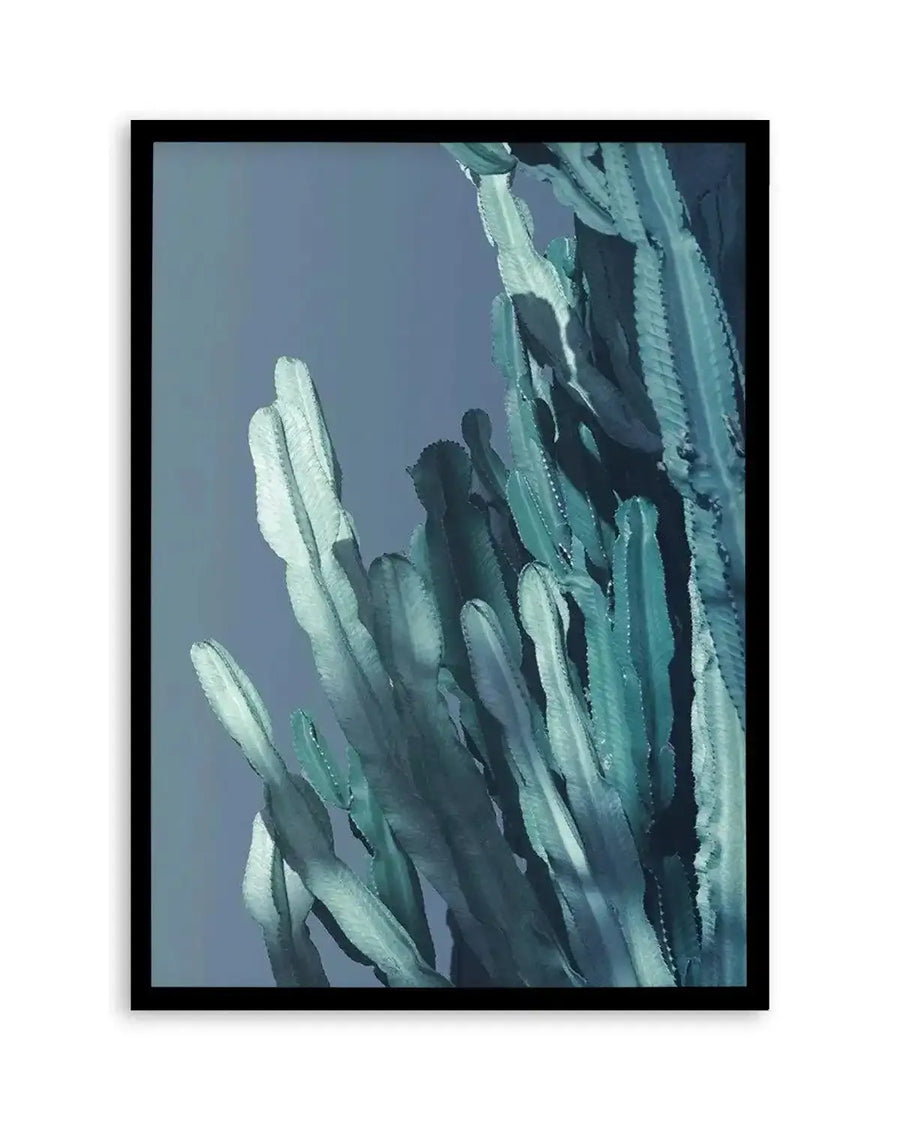 Framed art print featuring a close-up photograph of towering cactus segments against a soft blue-gray sky. The cactus displays pale sage green and white-tinted flesh with visible spines and ridges creating deep shadows. The composition emphasizes vertical growth with overlapping segments filling the frame. The photograph has a muted, cool-toned color palette with subtle texture detail. Black frame with white border.