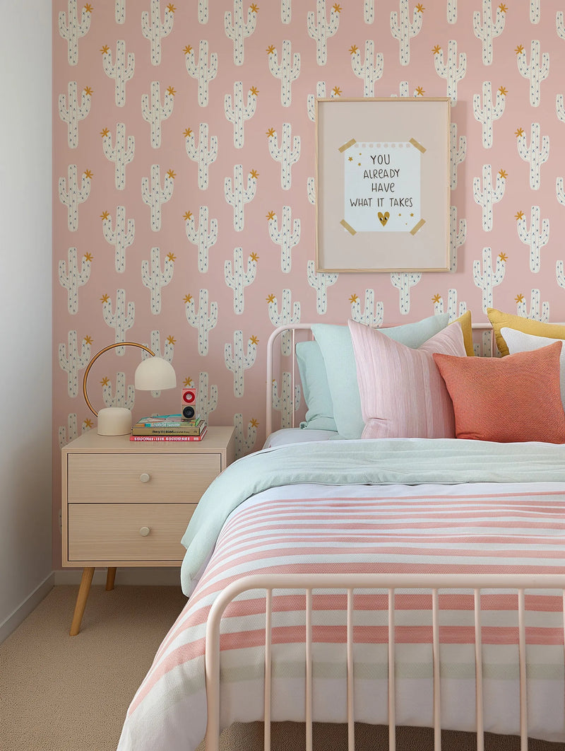 Cactus on Pink wallpaper white cactus pattern with gold star accents on blush pink