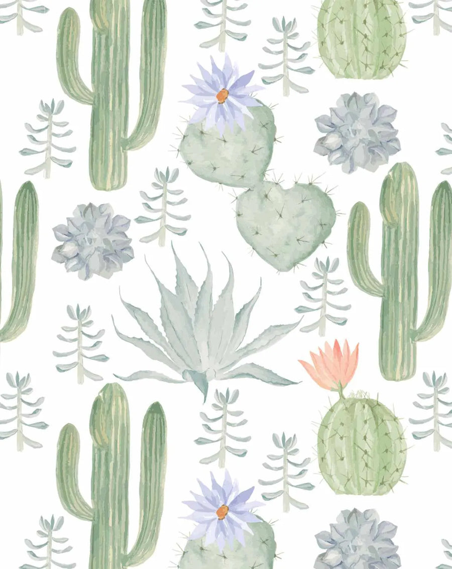 Peel and stick wallpaper featuring a repeating pattern of hand-painted cacti and succulents in various shades of sage green, pale blue-grey, and soft white. The watercolour design includes tall saguaro cacti, paddle cacti with light purple flowers, round barrel cacti with peach-coloured flowers, spiky agave plants, and small branching succulents, all on a clean white background.