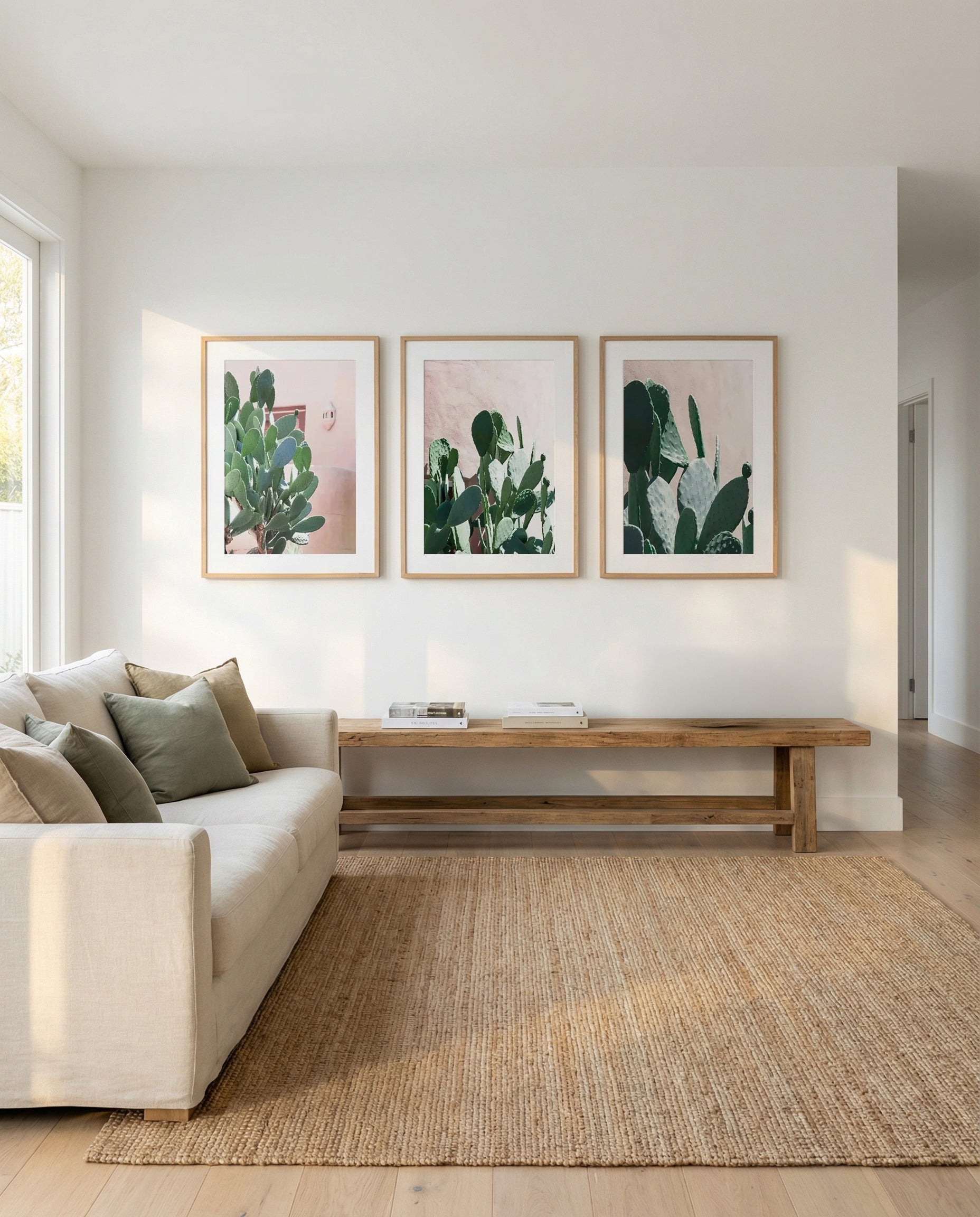 California Cactus I, II & III | 3 Piece Wall Art Set in Green art print oak frame with white border