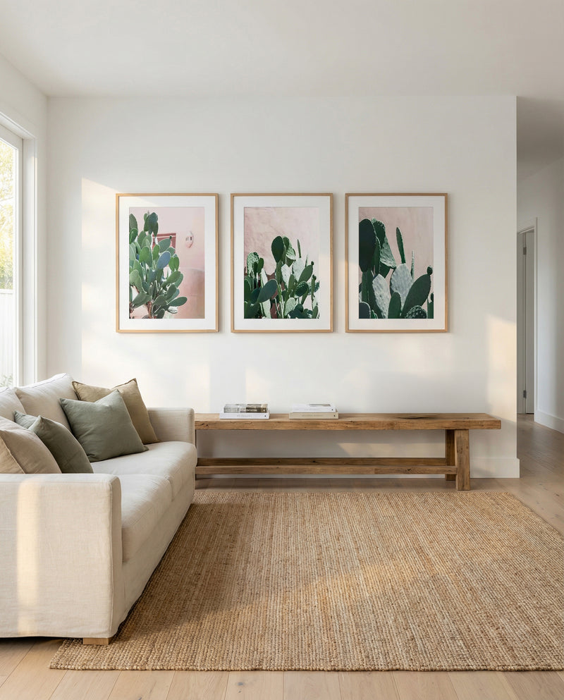 California Cactus I, II & III | 3 Piece Wall Art Set in Green art print oak frame with white border