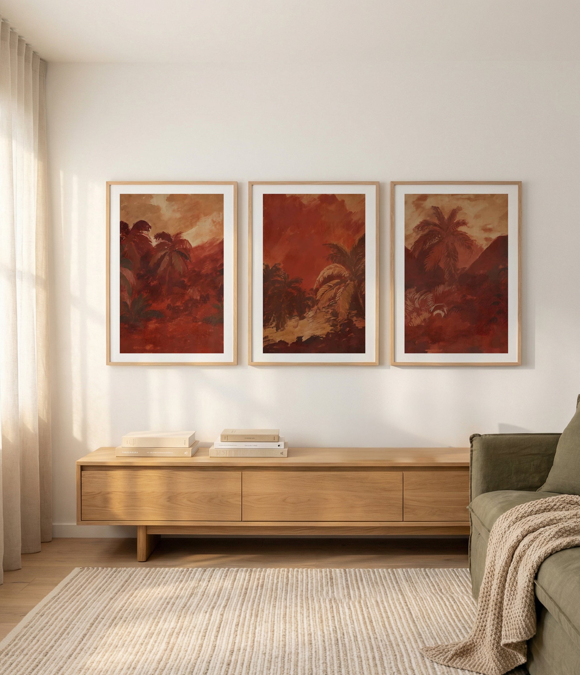 Calima I, II & III | 3 Piece Wall Art Set in Burgundy abstract art print oak frame with white border