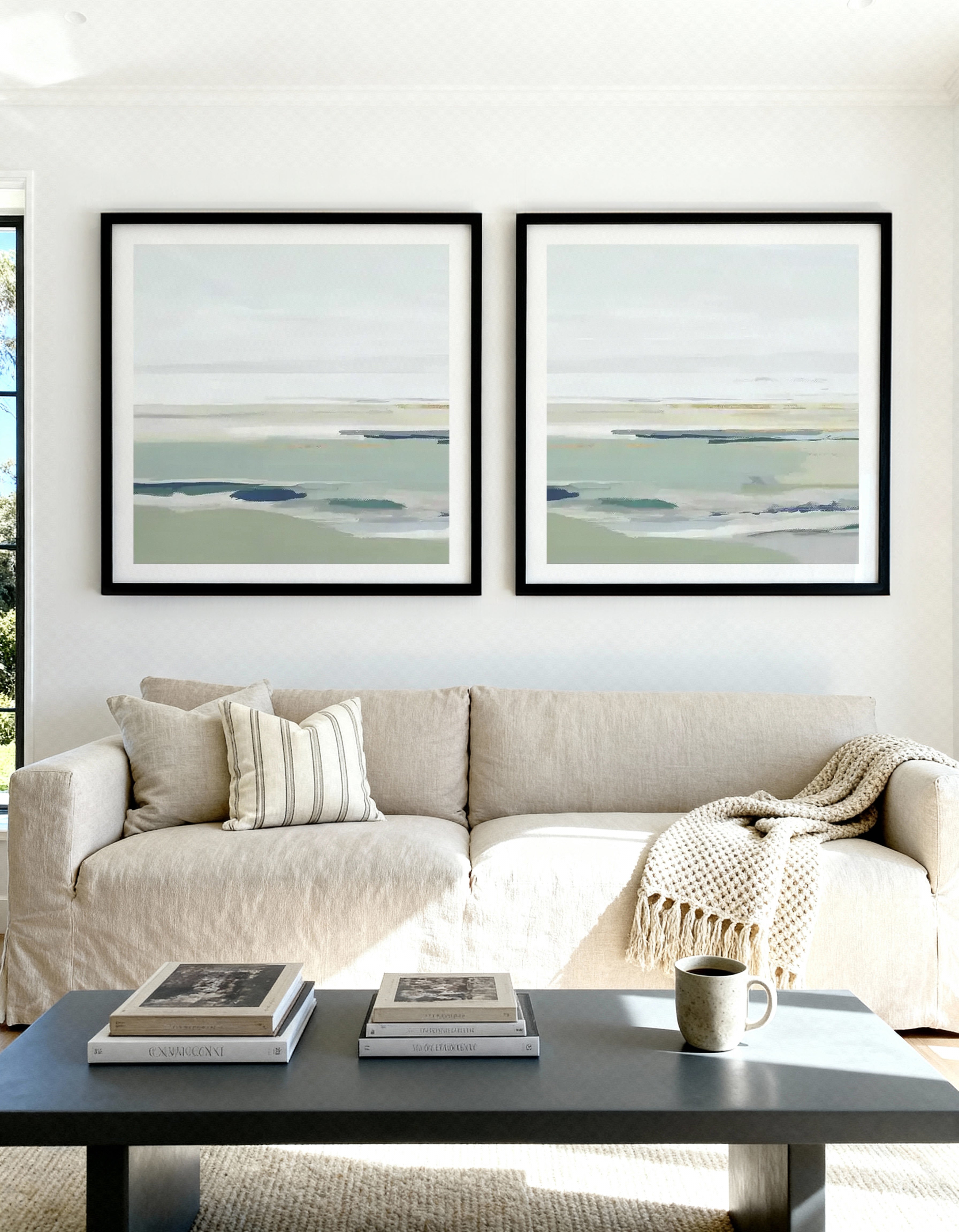 Calm Green SQ Left & Right Art Print Set of 2 | Matching Wall Art