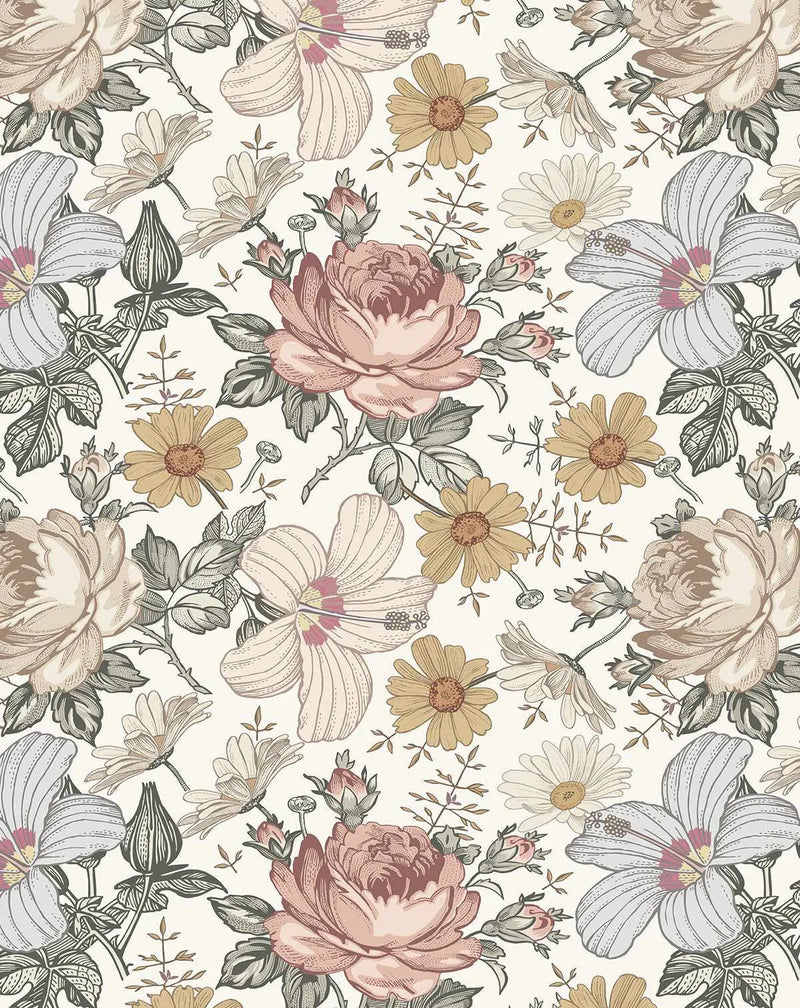 Peel and stick wallpaper featuring a repeating pattern of hand-drawn botanical illustrations of various wildflowers on a cream background. The design includes large, full-bloom roses in dusty rose and pale beige, hibiscus flowers in light grey and pale pink, and smaller daisies and camomile flowers in muted yellow and white. The flowers are interspersed with detailed leaves and thorny stems in dark olive green and brown, creating a vintage, natural aesthetic.