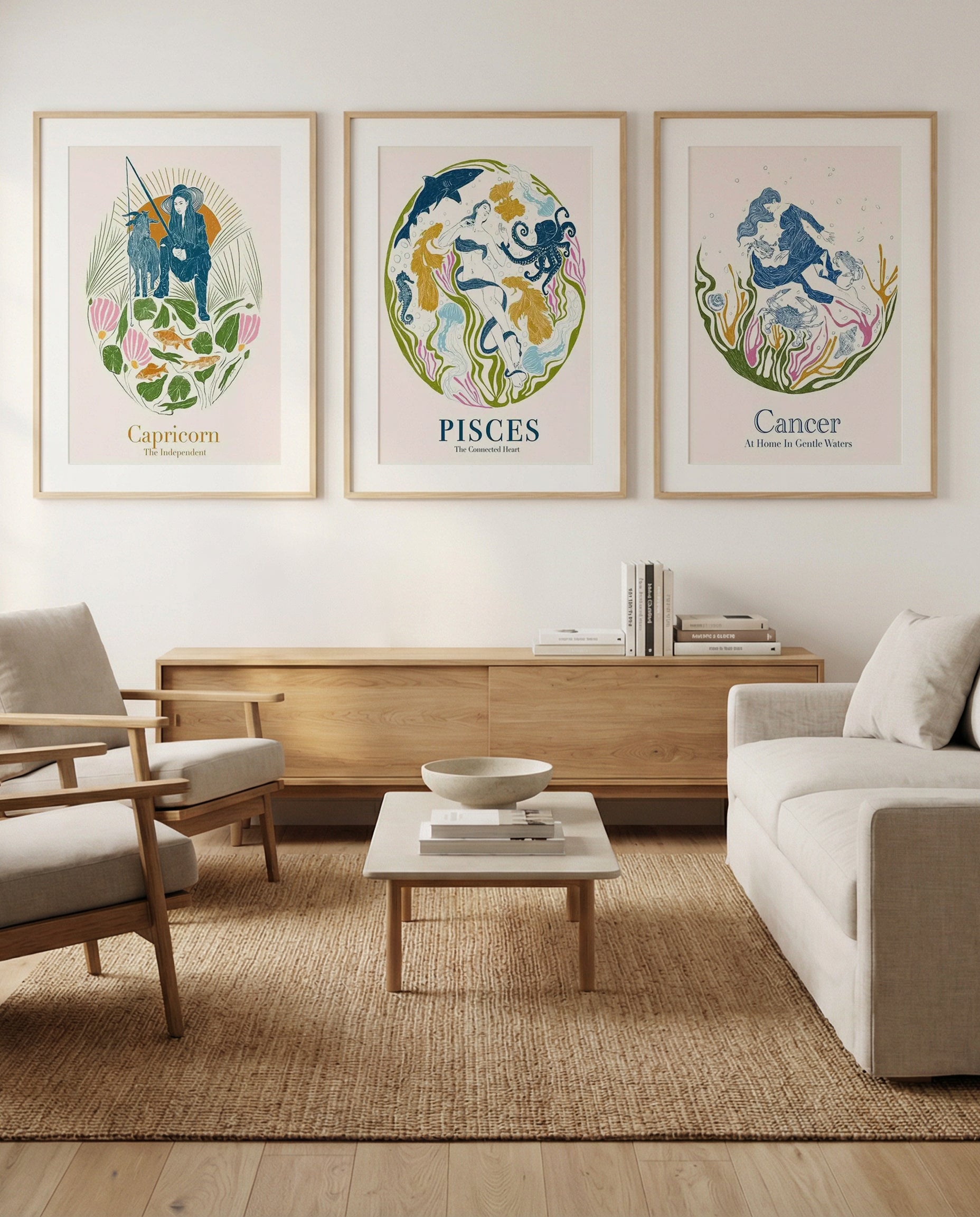 Capricorn, Pisces & Cancer by Jenny Liz Rome | 3 Piece Wall Art Set
