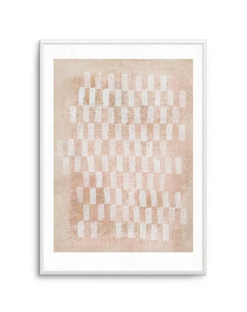 Abstract art print featuring a grid of hand-painted white rectangular brushstrokes on a textured background of warm beige and soft blush pink, creating a woven or checkerboard effect. The print is displayed in a white frame with a white border.