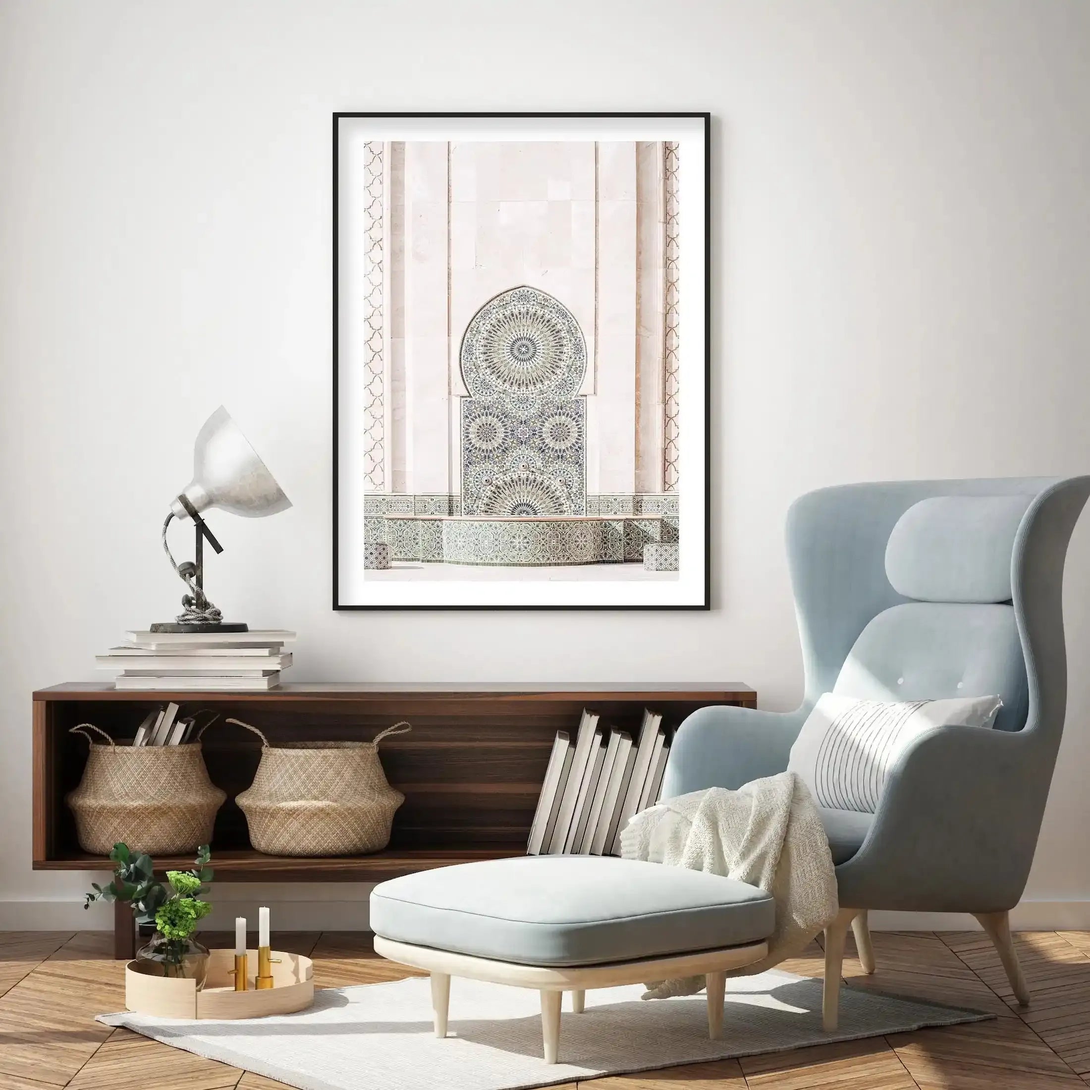 Casablanca Fountain Art Print-Shop Australian Art Prints Online with Olive et Oriel - Our collection of Moroccan art prints offer unique wall art including moroccan arches and pink morocco doors of marrakech - this collection will add soft feminine colour to your walls and some may say bohemian style. These traditional morocco landscape photography includes desert scenes of palm trees and camel art prints - there is art on canvas and extra large wall art with fast, free shipping across Australia