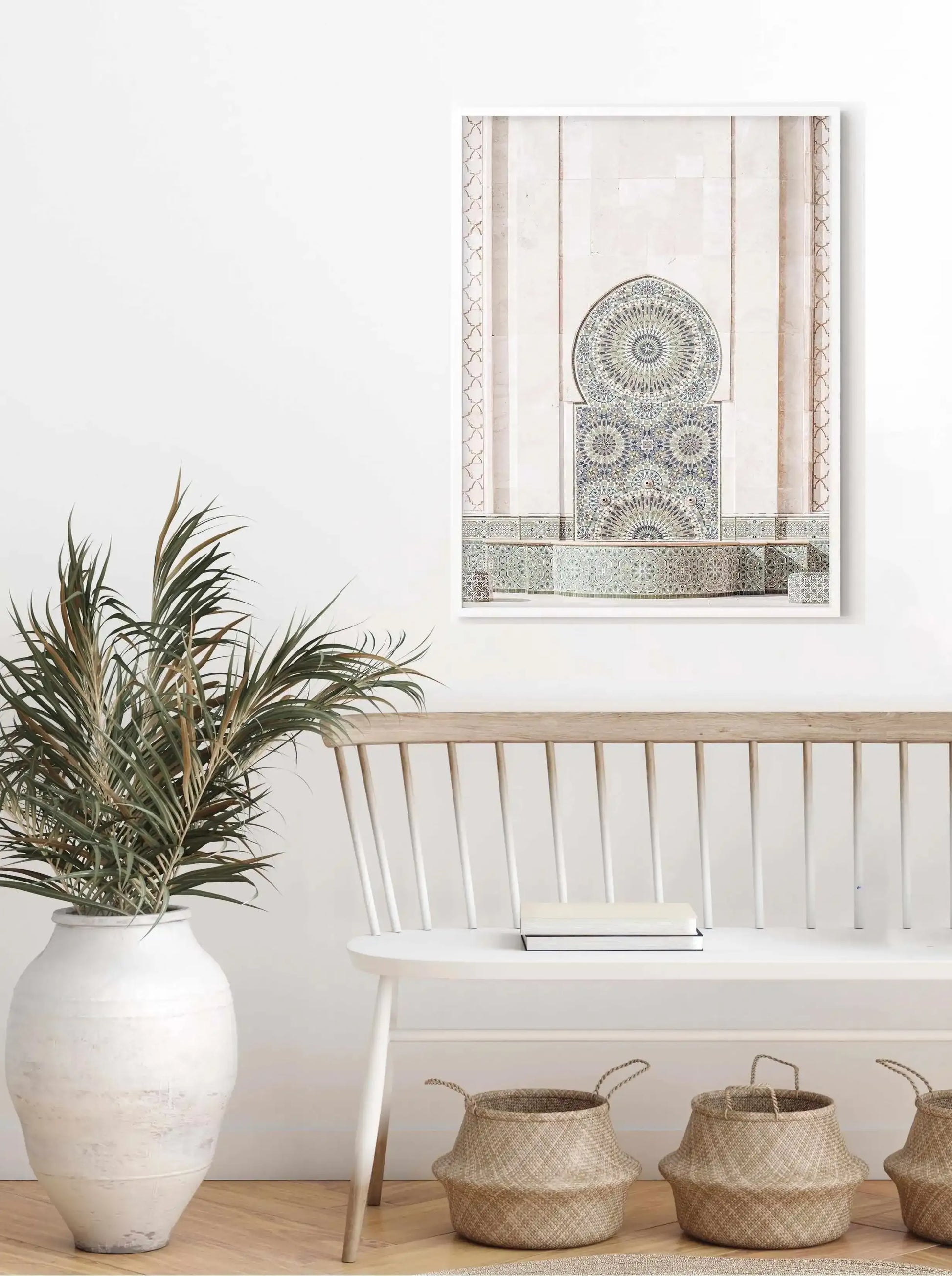 Casablanca Fountain Art Print-Shop Australian Art Prints Online with Olive et Oriel - Our collection of Moroccan art prints offer unique wall art including moroccan arches and pink morocco doors of marrakech - this collection will add soft feminine colour to your walls and some may say bohemian style. These traditional morocco landscape photography includes desert scenes of palm trees and camel art prints - there is art on canvas and extra large wall art with fast, free shipping across Australia