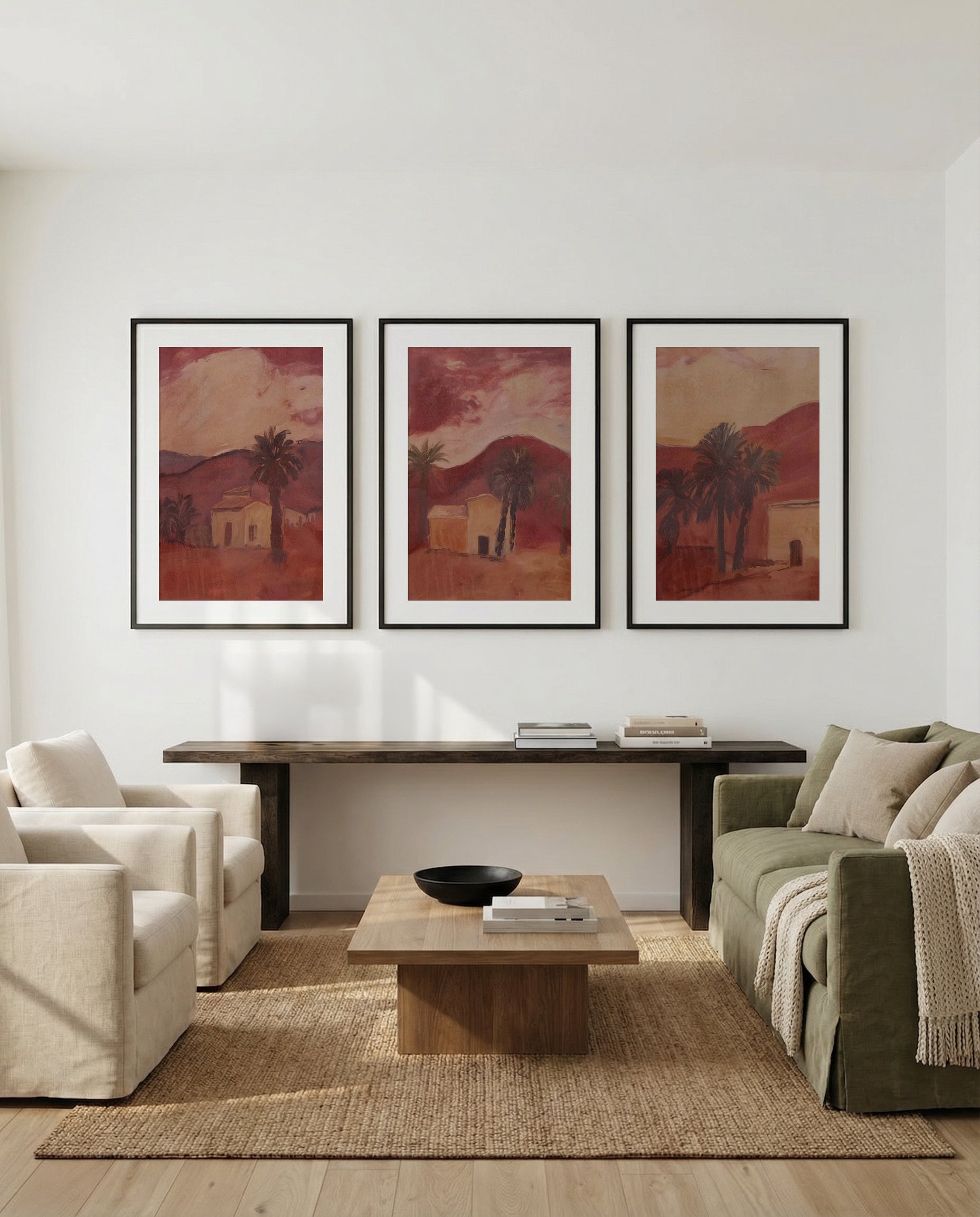 Casita Palmera I, II & III | 3 Piece Wall Art Set in Burgundy art print oak frame with white border
