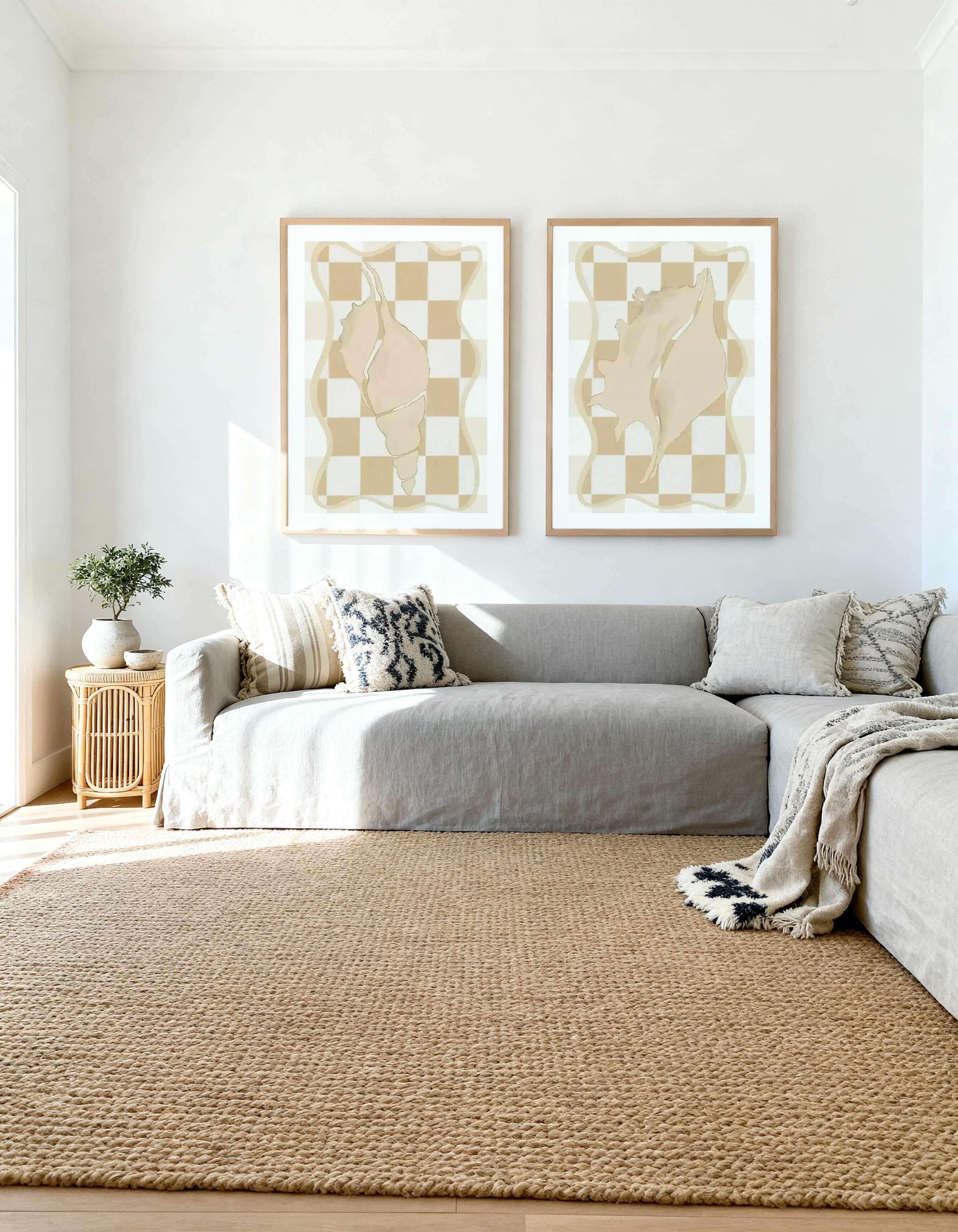 Checked Shells In Soft Beige I & II Art Print Set of 2 | Matching Wall Art