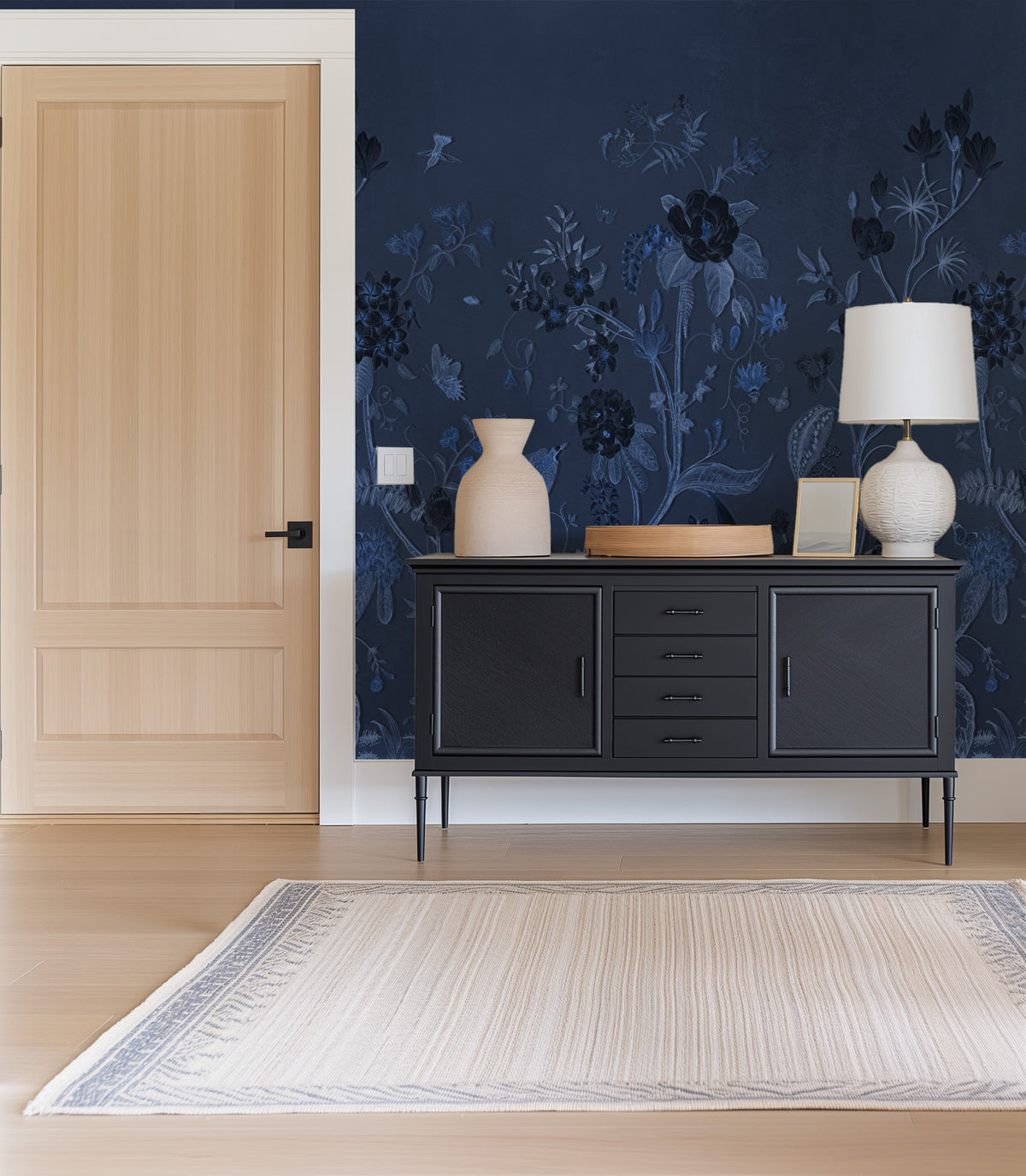 Chinoiserie Bird Garden in Navy Blue Mural Wallpaper from Olive et Oriel where you can shop wallpaper and artworks online