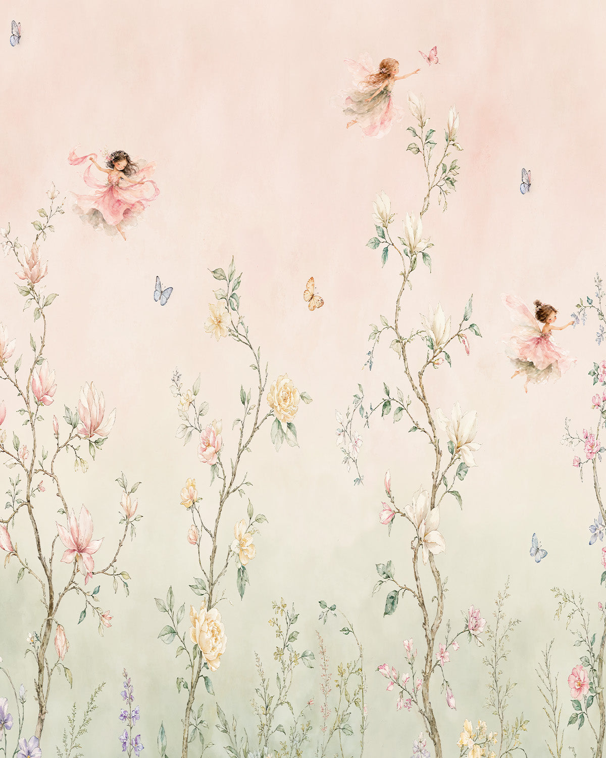 Chinoiserie Fairy Garden in Ombre Pink & Sage Wallpaper Mural