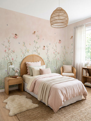 Chinoiserie Fairy Garden in Ombre Pink & Sage Wallpaper Mural