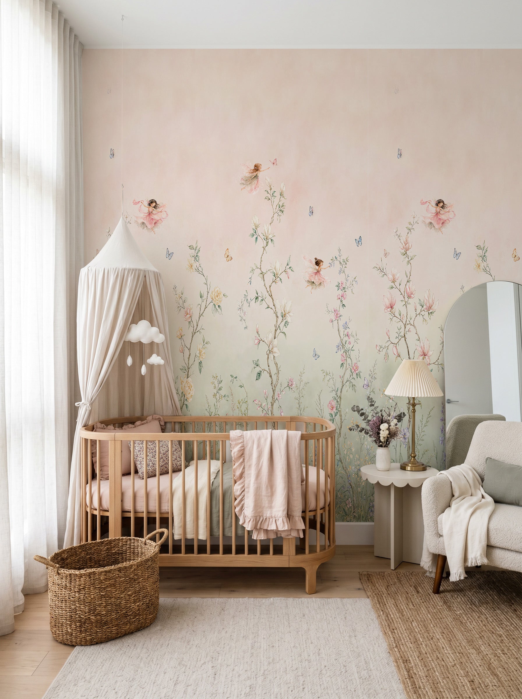 Chinoiserie Fairy Garden in Ombre Pink & Sage Wallpaper Mural