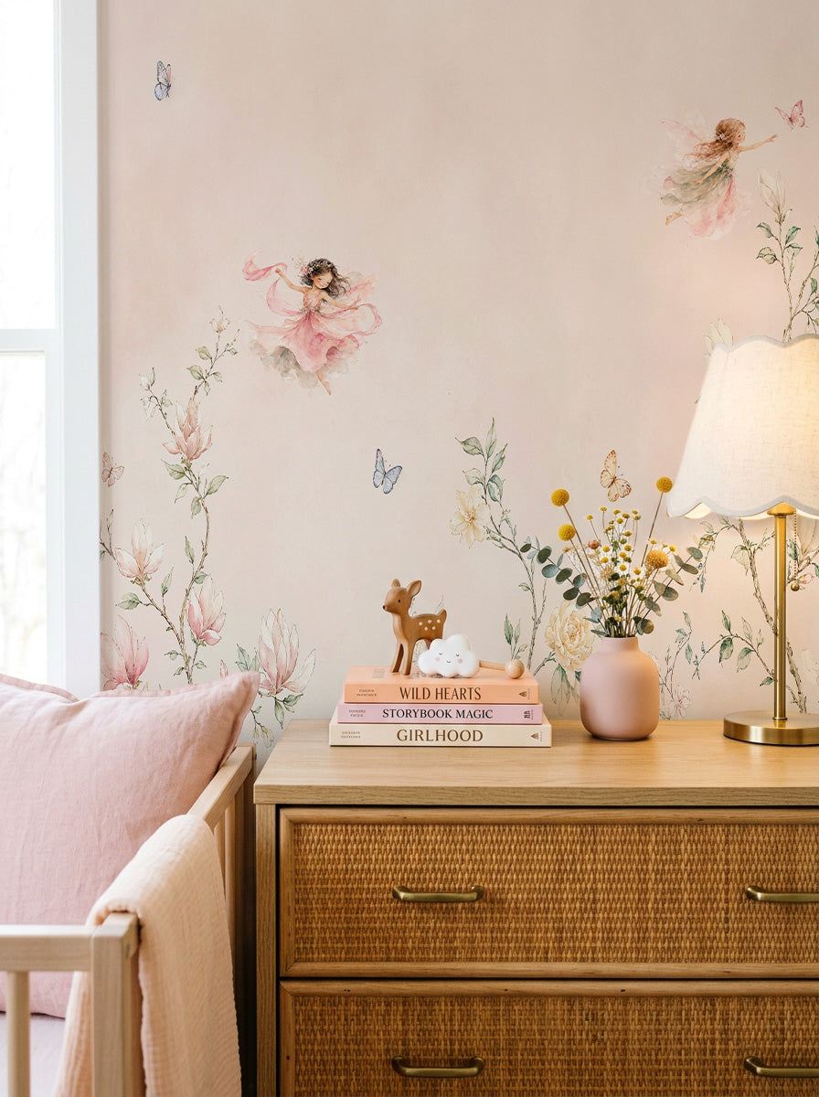 Chinoiserie Fairy Garden in Ombre Pink & Sage Wallpaper Mural