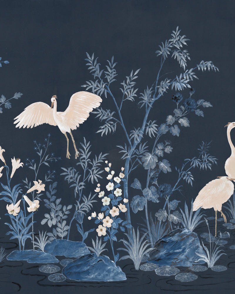 Chinoiserie Garden Panoramic Navy Blue Mural Wallpaper from Olive et Oriel where you can shop wallpaper and artworks online
