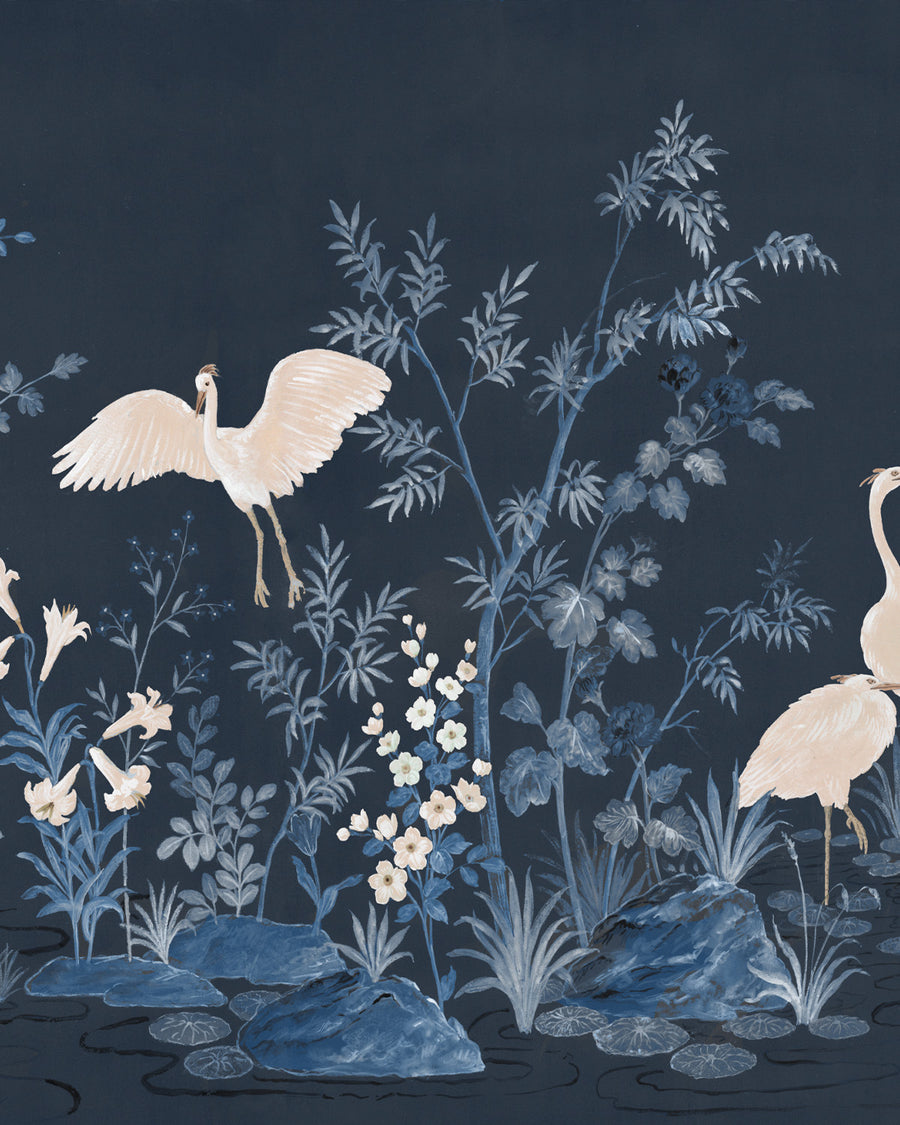 Chinoiserie Garden Panoramic Navy Blue Mural Wallpaper from Olive et Oriel where you can shop wallpaper and artworks online