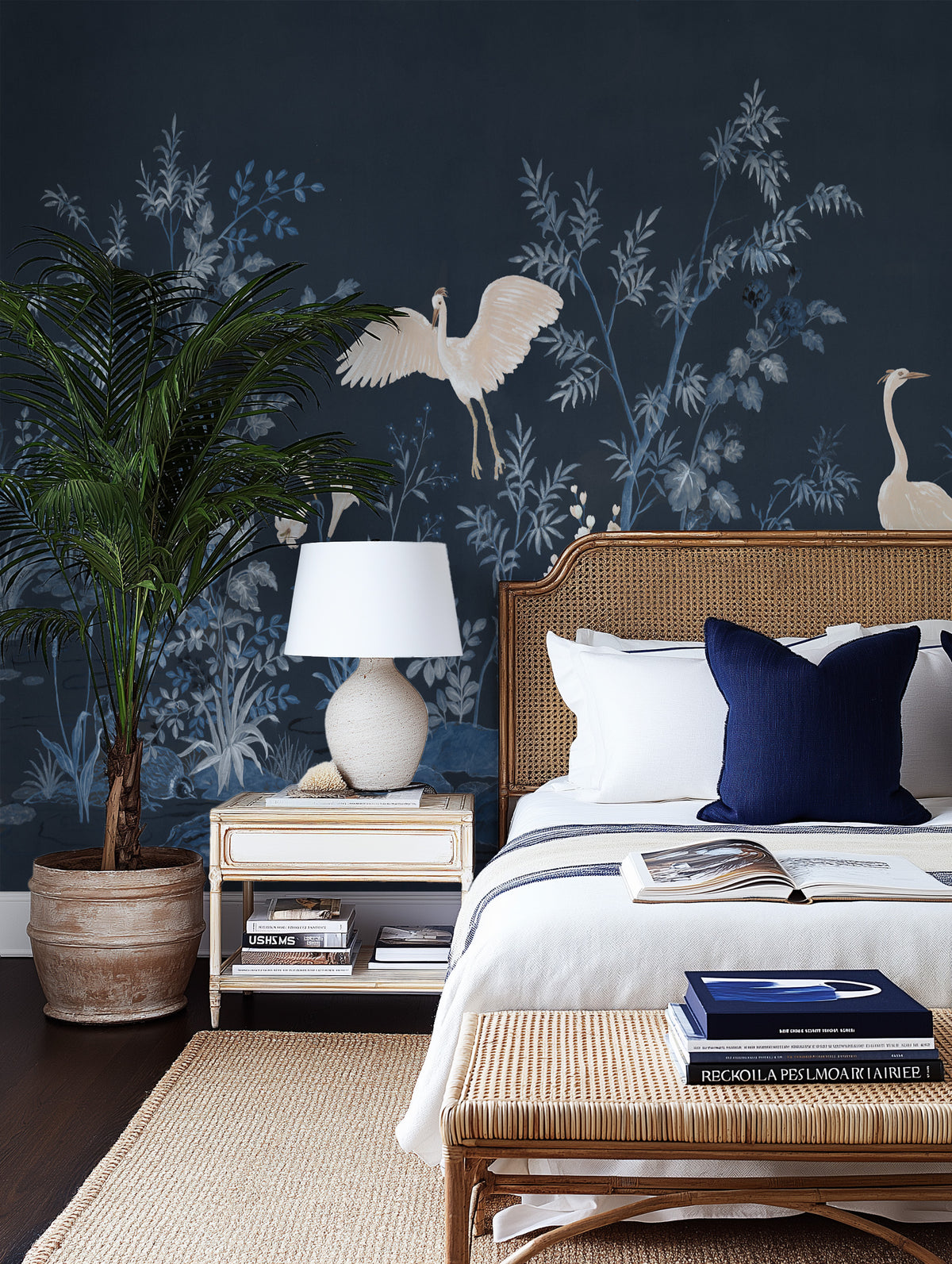 Chinoiserie Garden Panoramic Navy Blue Mural Wallpaper from Olive et Oriel where you can shop wallpaper and artworks online