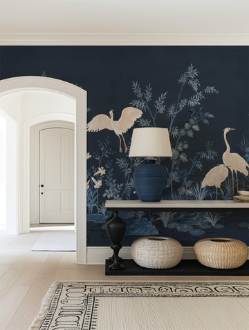 Chinoiserie Garden Panoramic Navy Blue Mural Wallpaper from Olive et Oriel where you can shop wallpaper and artworks online