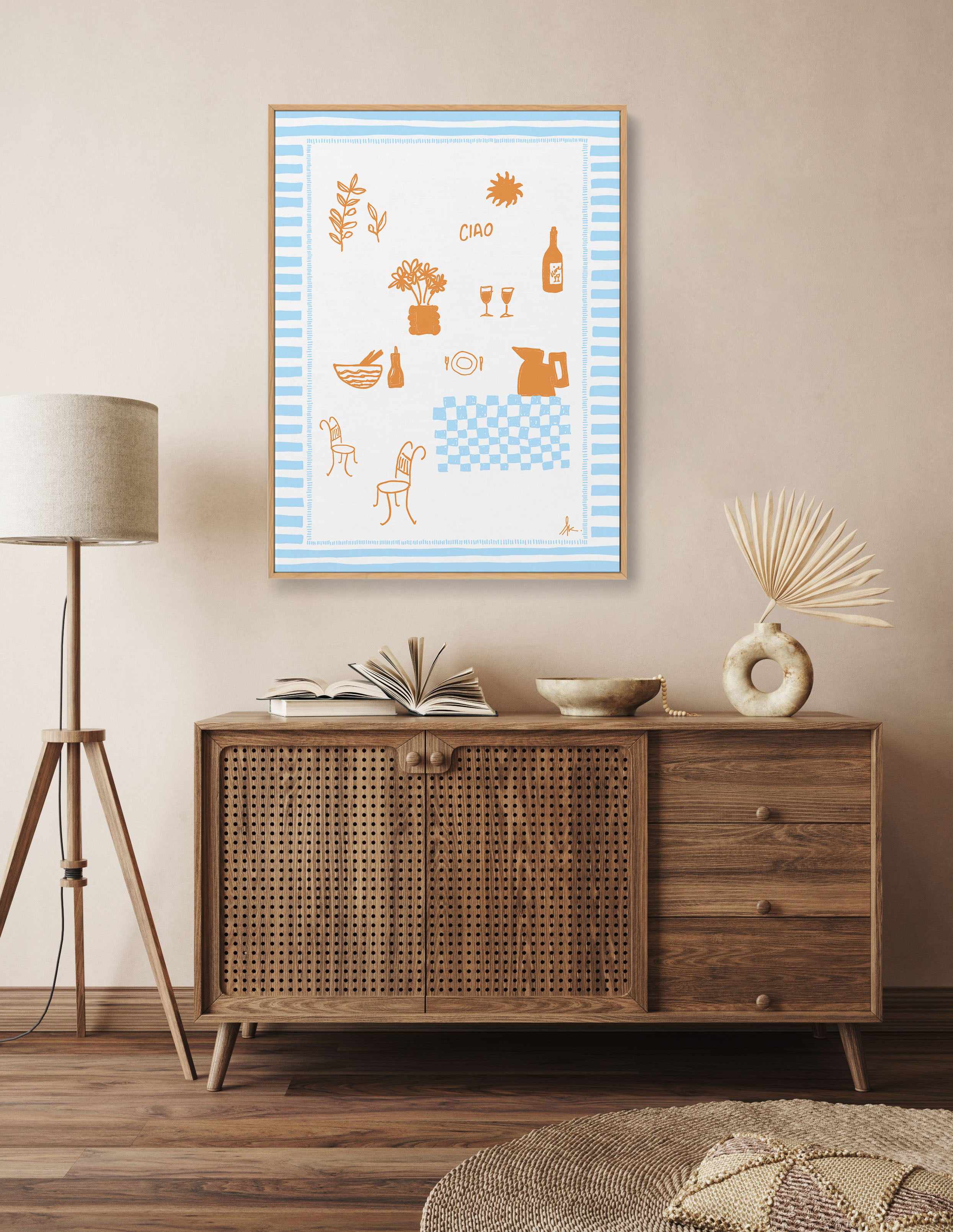 Ciao Tan Baby Blue by Anne Korako | Framed Canvas Art Print