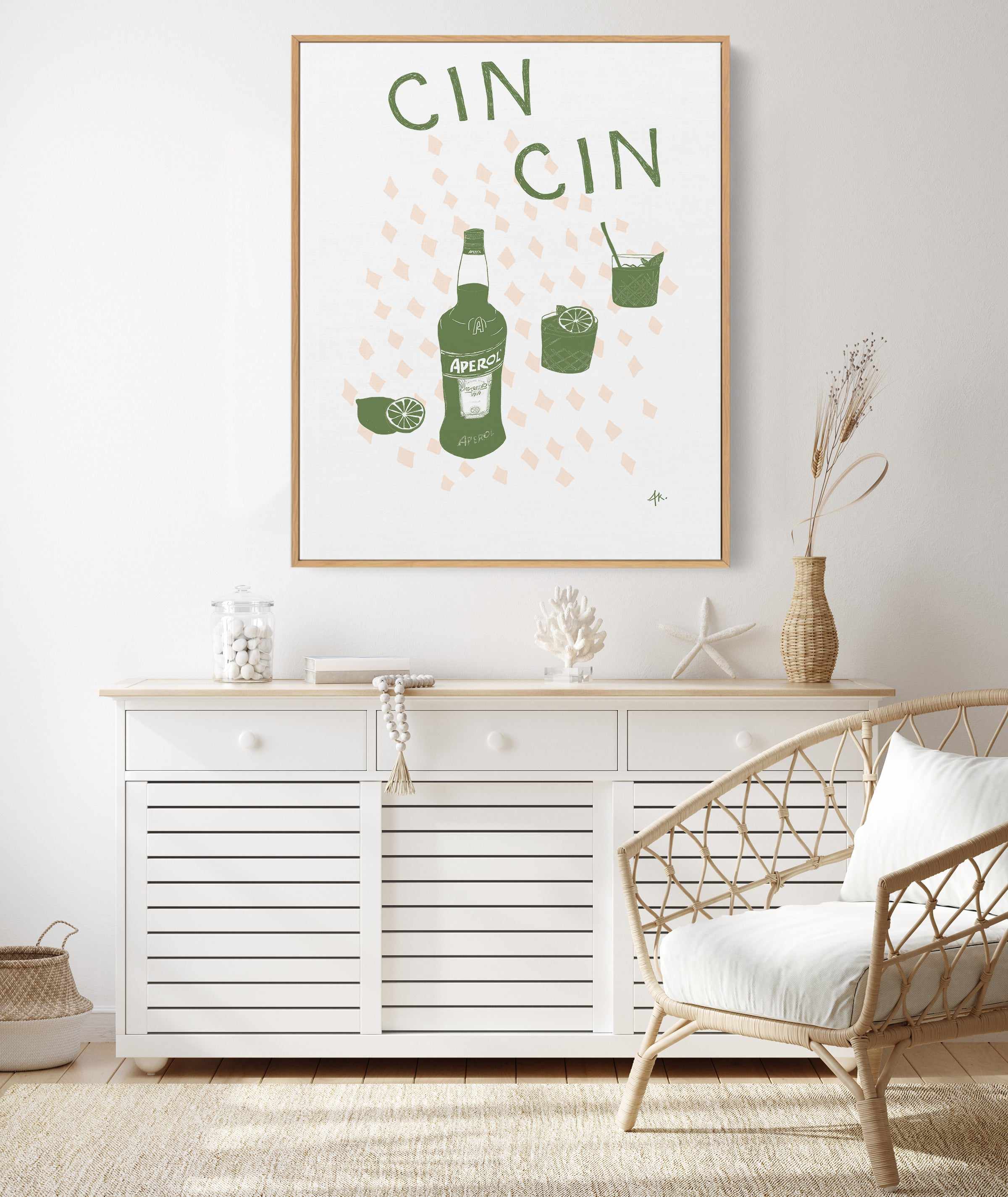 Cin Cin Forest Green Pink by Anne Korako | Framed Canvas Art Print