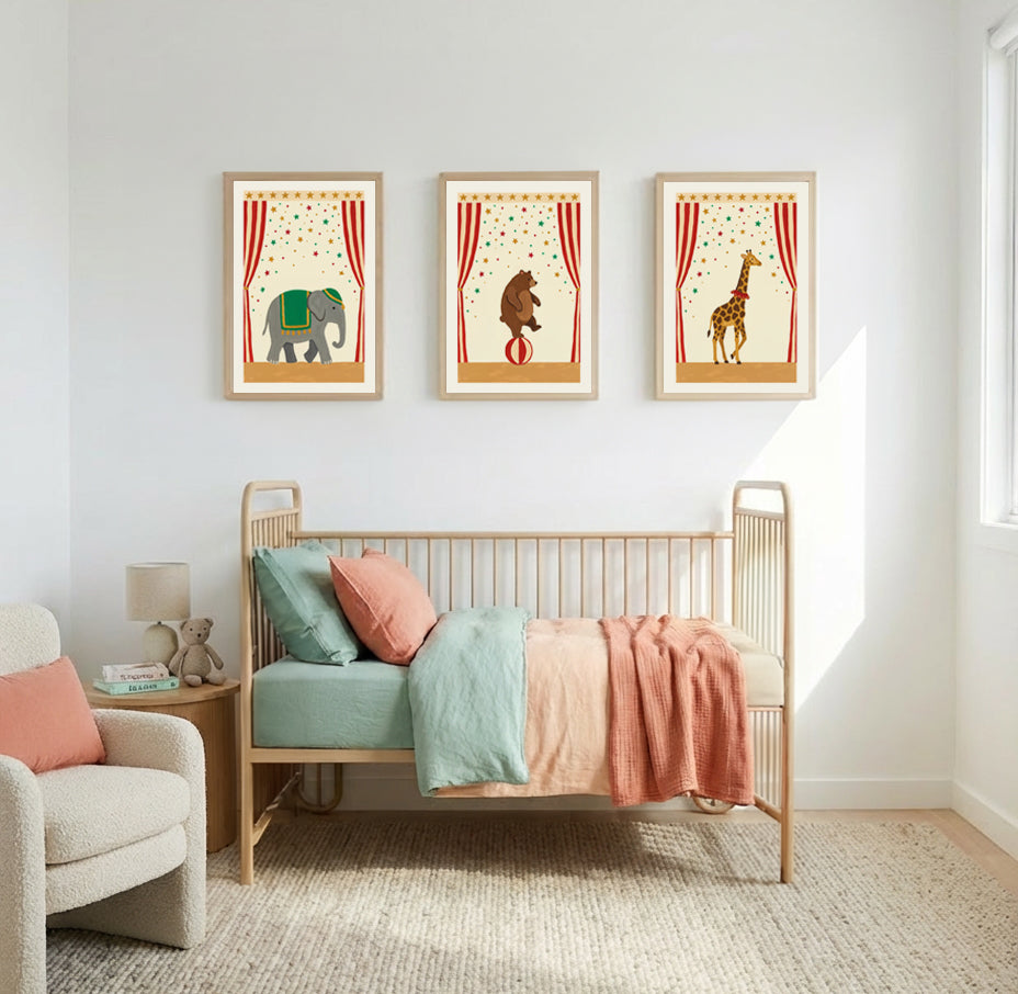 Circus Elephant, Bear & Giraffe | 3 Piece Wall Art Set