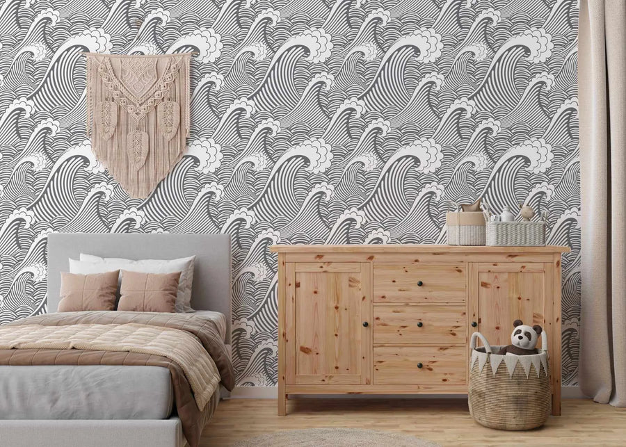 Classic Waves in Black Pearl Wallpaper-Wallpaper-Buy Kids Removable Wallpaper Online Our Custom Made Children√¢‚Ç¨‚Ñ¢s Wallpapers Are A Fun Way To Decorate And Enhance Boys Bedroom Decor And Girls Bedrooms They Are An Amazing Addition To Your Kids Bedroom Walls Our Collection of Kids Wallpaper Is Sure To Transform Your Kids Rooms Interior Style From Pink Wallpaper To Dinosaur Wallpaper Even Marble Wallpapers For Teen Boys Shop Peel And Stick Wallpaper Online Today With Olive et Oriel
