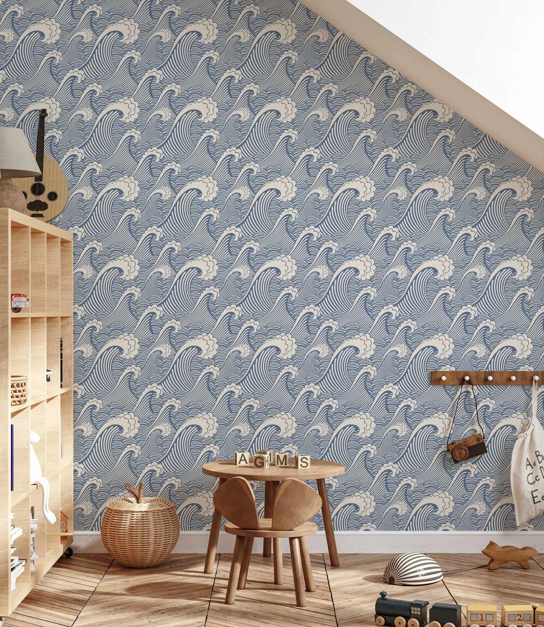 Classic Waves in Ocean Blue Wallpaper-Wallpaper-Buy Kids Removable Wallpaper Online Our Custom Made Children‚àö¬¢‚Äö√á¬®‚Äö√ë¬¢s Wallpapers Are A Fun Way To Decorate And Enhance Boys Bedroom Decor And Girls Bedrooms They Are An Amazing Addition To Your Kids Bedroom Walls Our Collection of Kids Wallpaper Is Sure To Transform Your Kids Rooms Interior Style From Pink Wallpaper To Dinosaur Wallpaper Even Marble Wallpapers For Teen Boys Shop Peel And Stick Wallpaper Online Today With Olive et Oriel