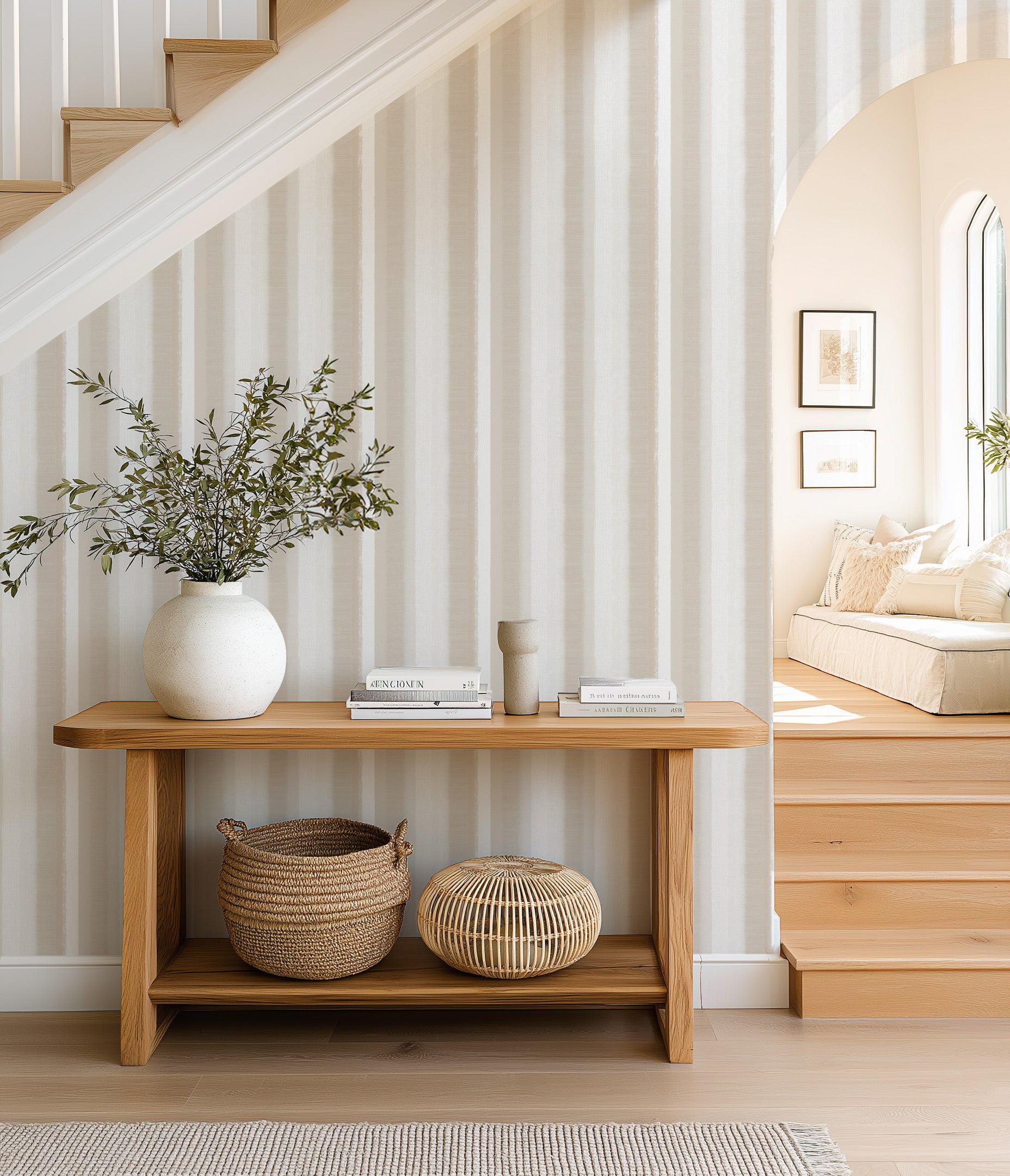 Classic Taupe Stripe Wallpaper from Olive et Oriel where you can shop wallpaper and artworks online