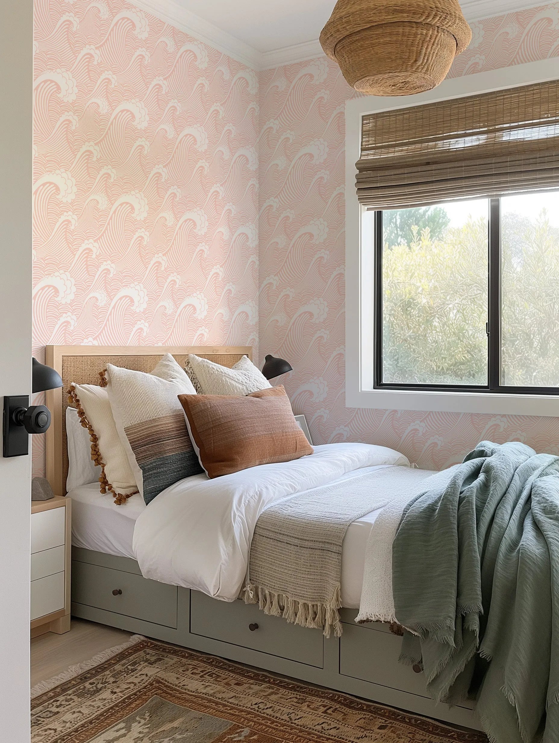 Classic Waves in Coral Reef Wallpaper from Olive et Oriel where you can shop wallpaper and artworks online