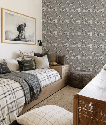 Classic Waves in Black Pearl Wallpaper from Olive et Oriel where you can shop wallpaper and artworks online