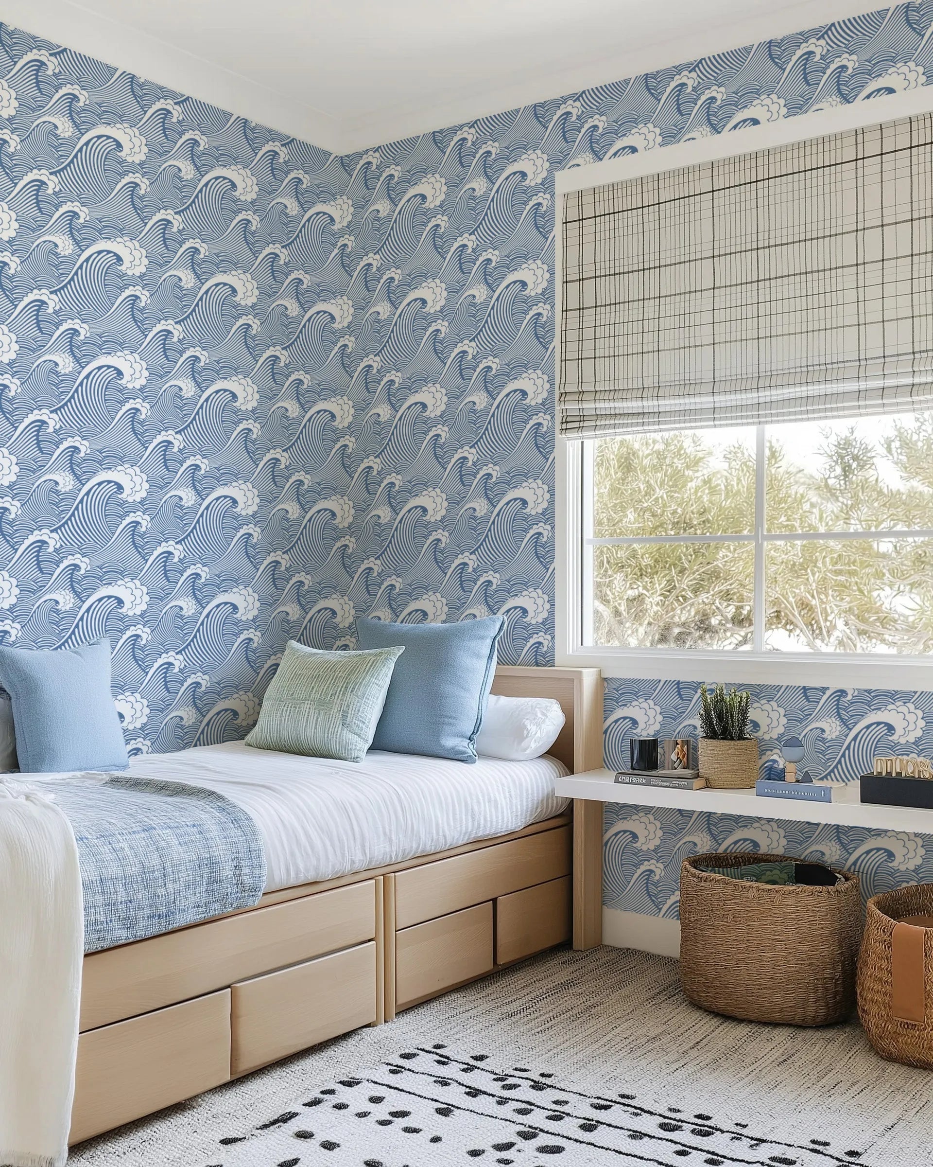 Classic Waves in Ocean Blue Wallpaper from Olive et Oriel where you can shop wallpaper and artworks online