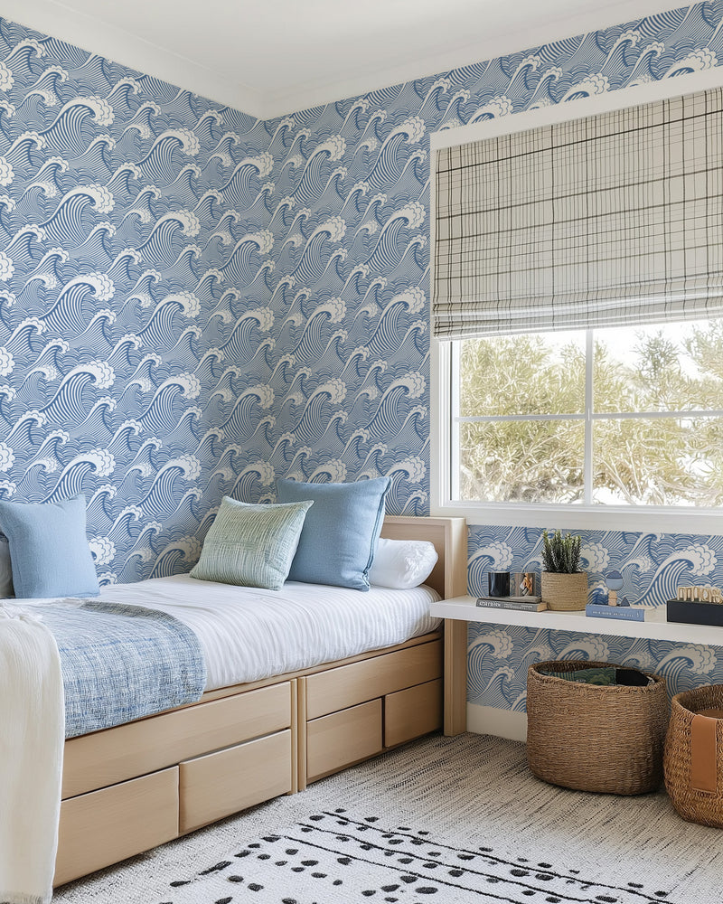 Classic Waves in Ocean Blue Wallpaper